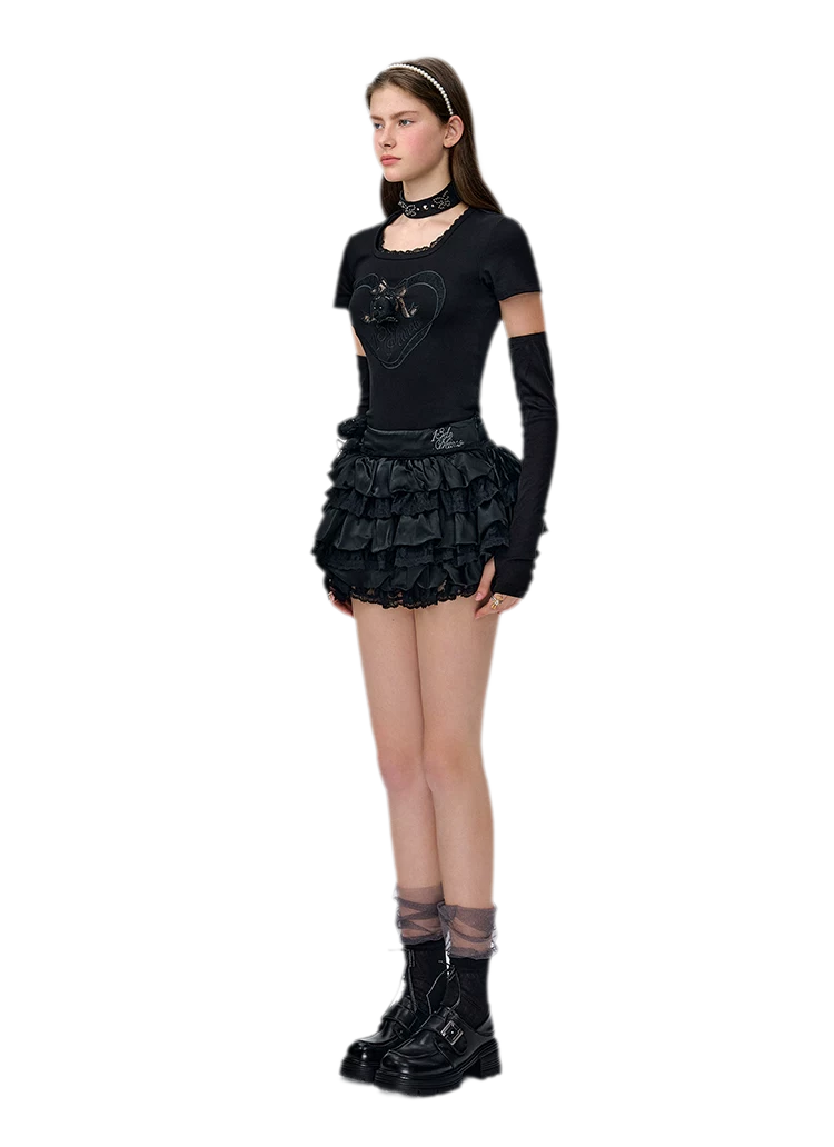 Lace Bear Puff Mini Skirt