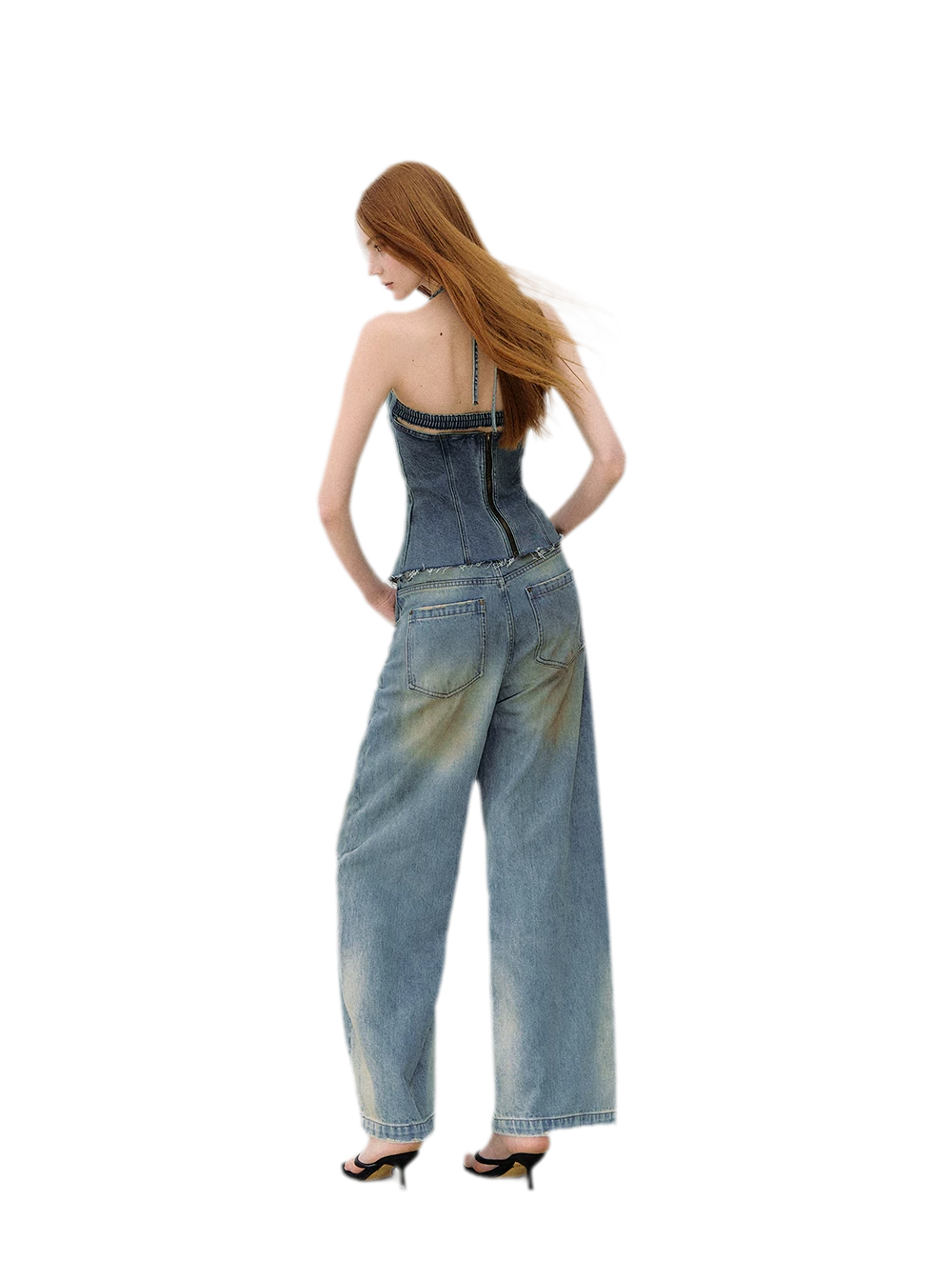 Denim Halter Top and Wide-Leg Jeans Set
