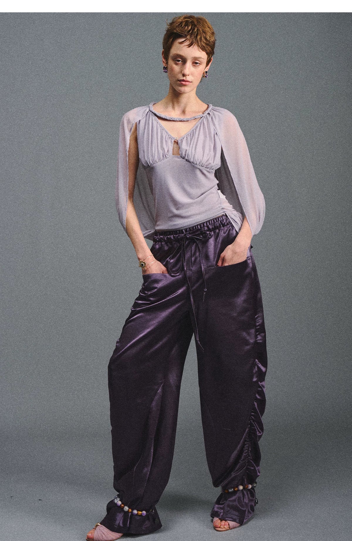 Satin Jogger Pants with Beaded Drawstring