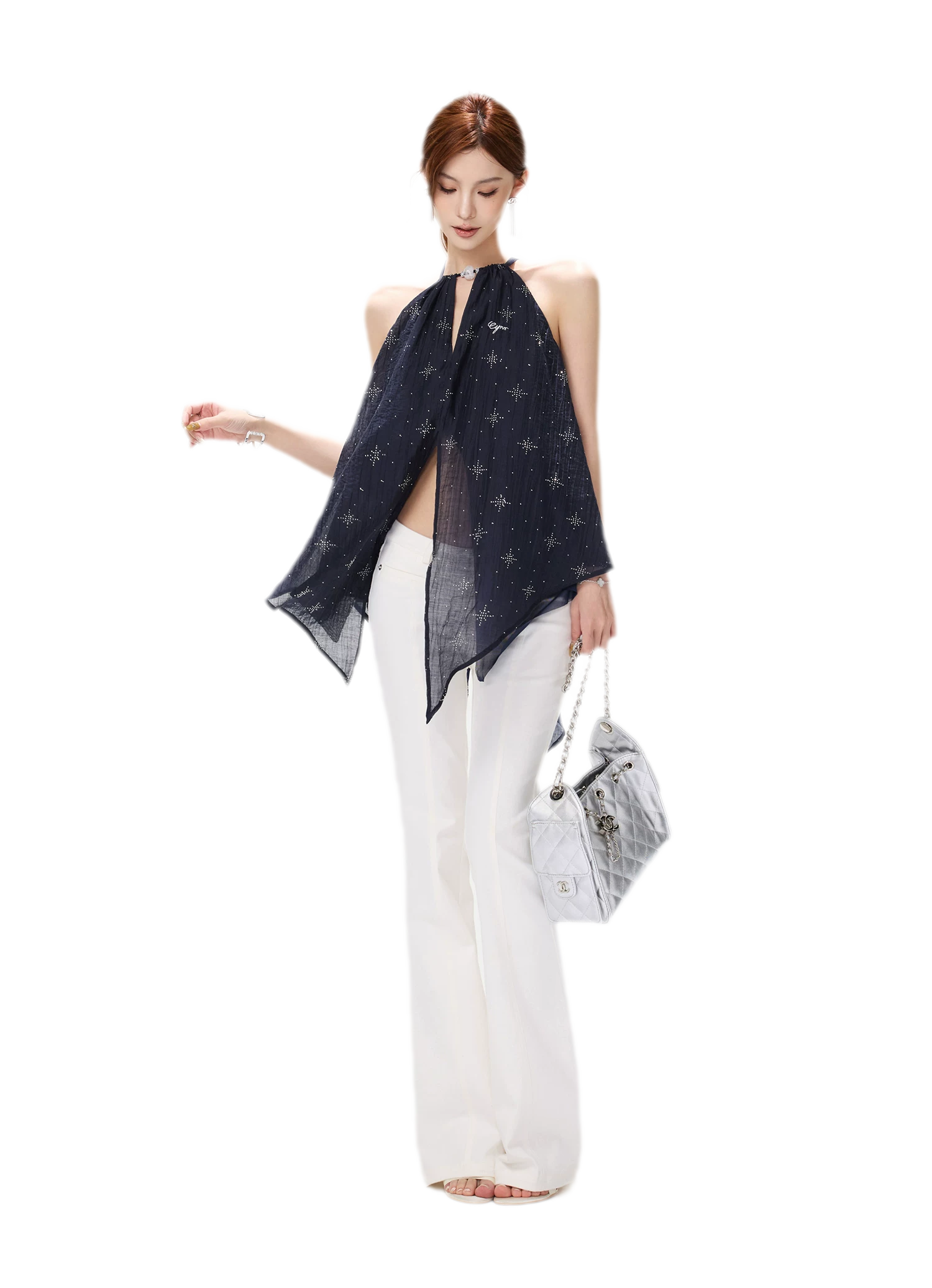 Rhinestone Asymmetric Halter Chiffon Top
