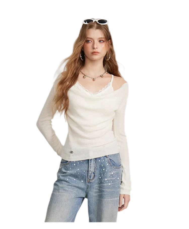 Draped Lace Trim Knit Top