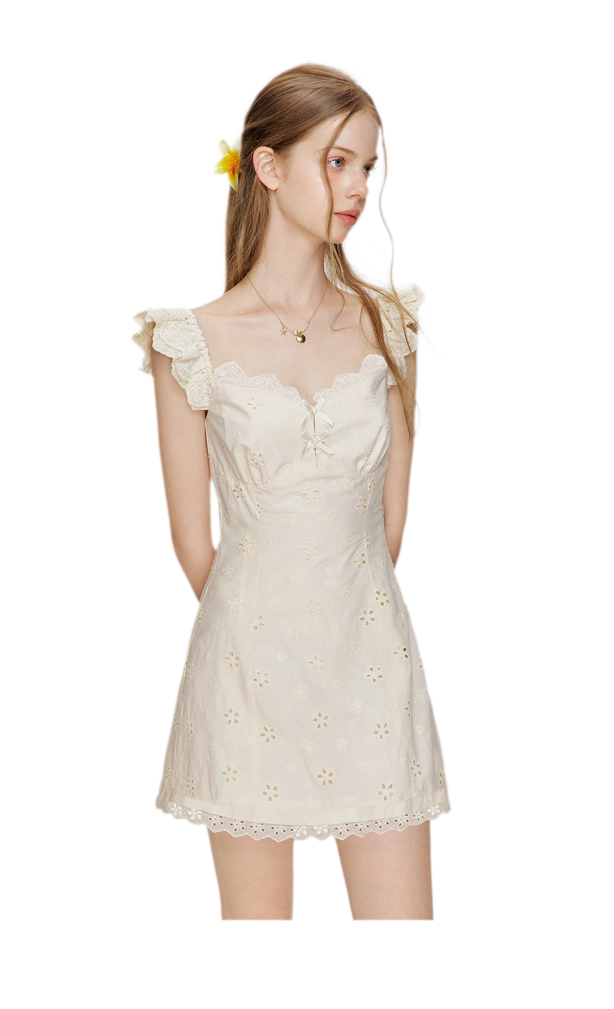 Embroidered Lace Flutter Sleeve Dress