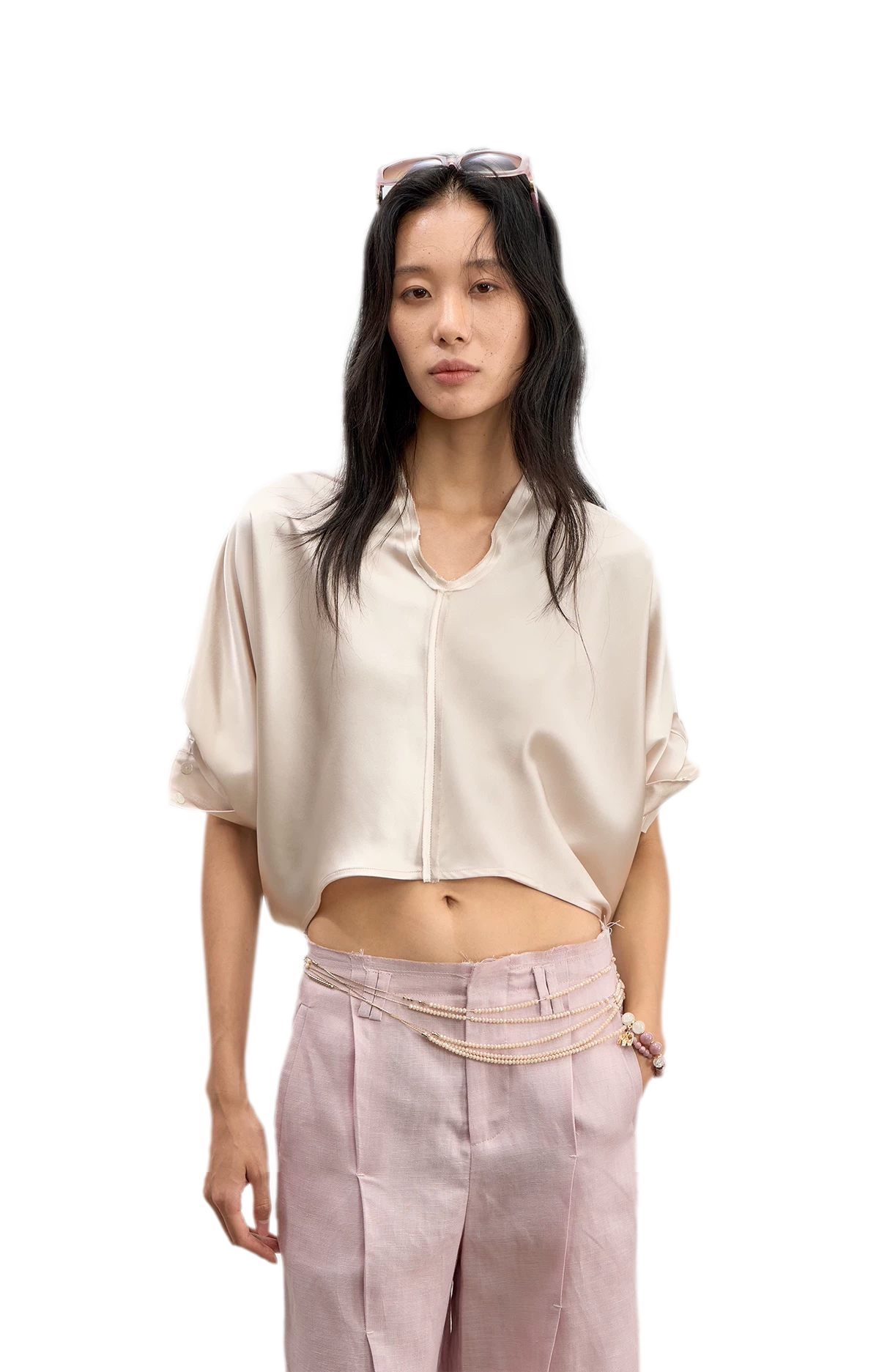 Camicia pullover corta in raso di acetato