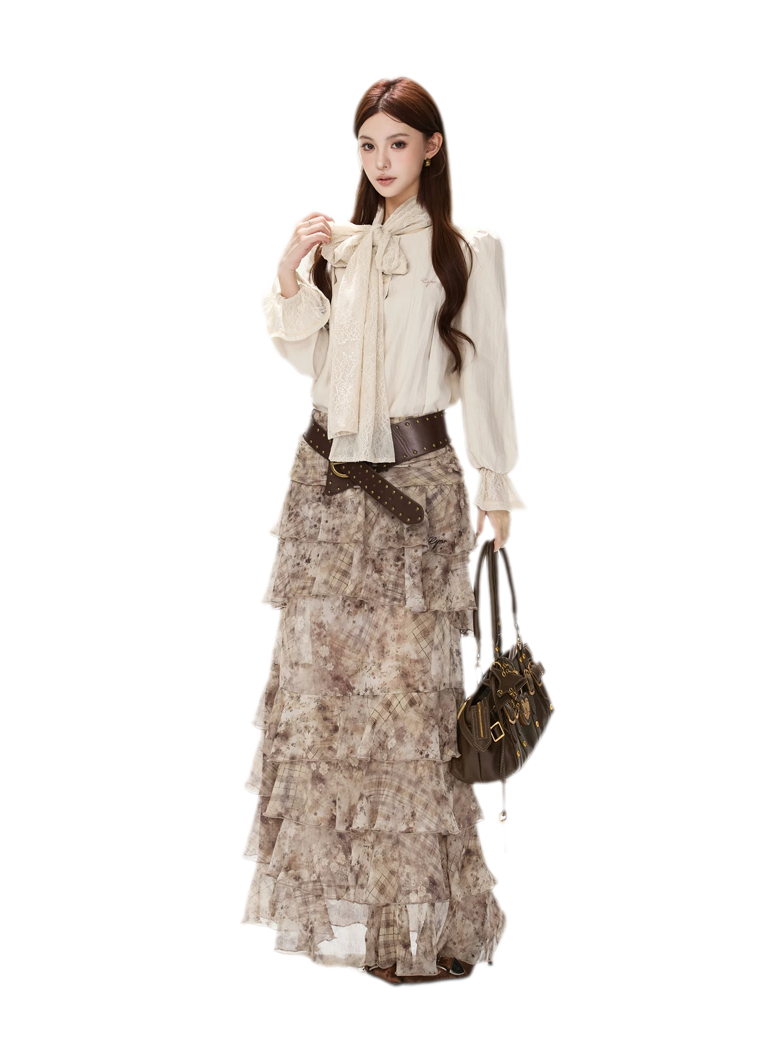 Vintage Ruffle Chiffon Maxi Skirt