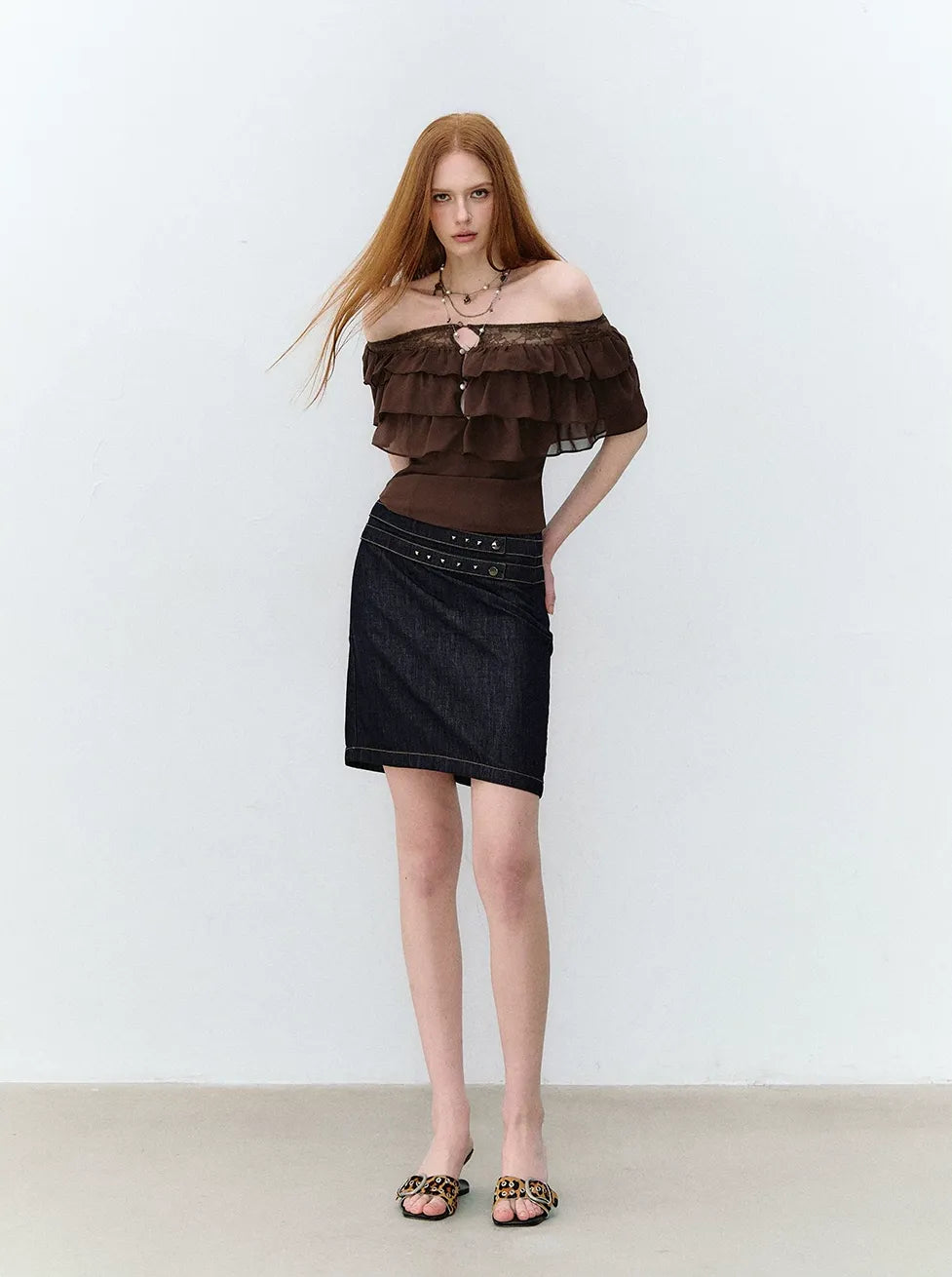 Retro Denim Blue Studded Straight Skirt
