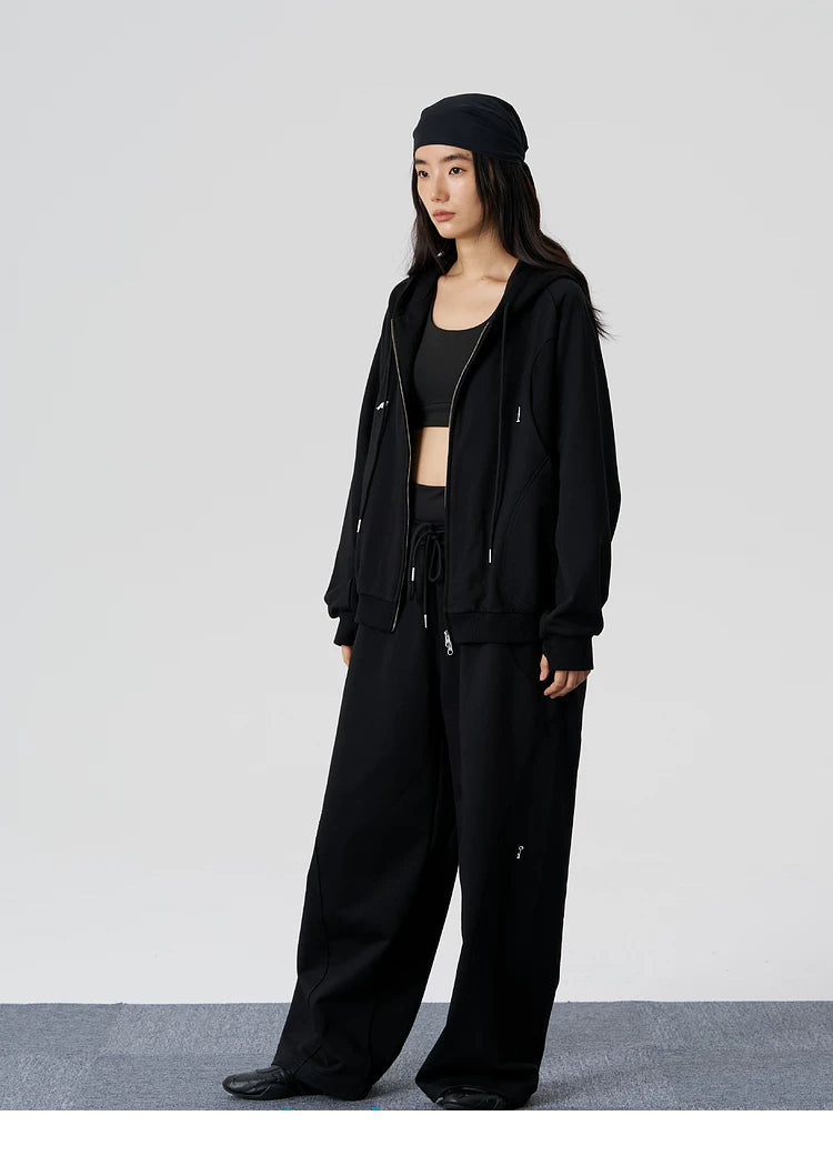 Ribbed Panel Hooded Zip Jacket