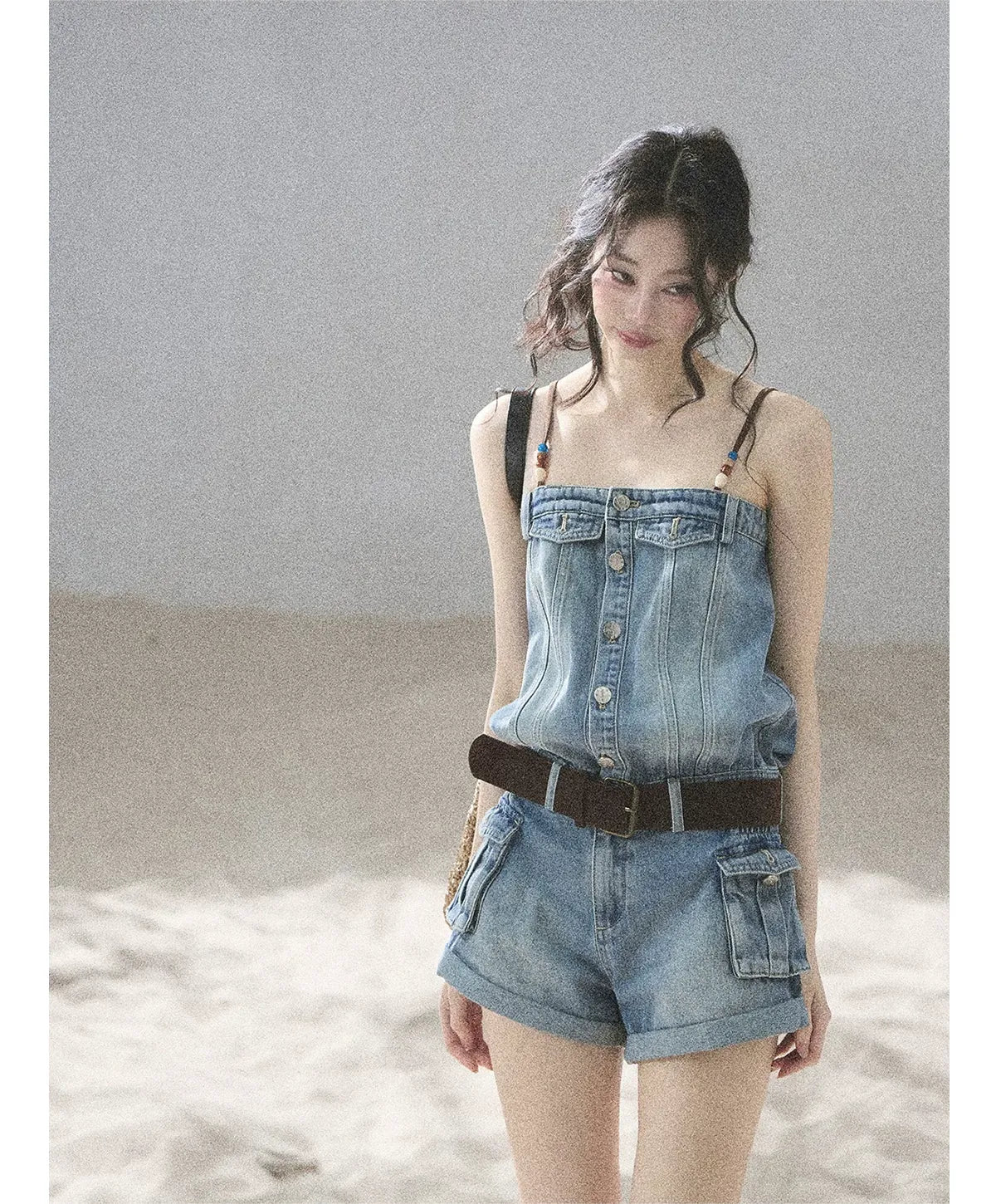 Washed Denim Jumpsuit Shorts
