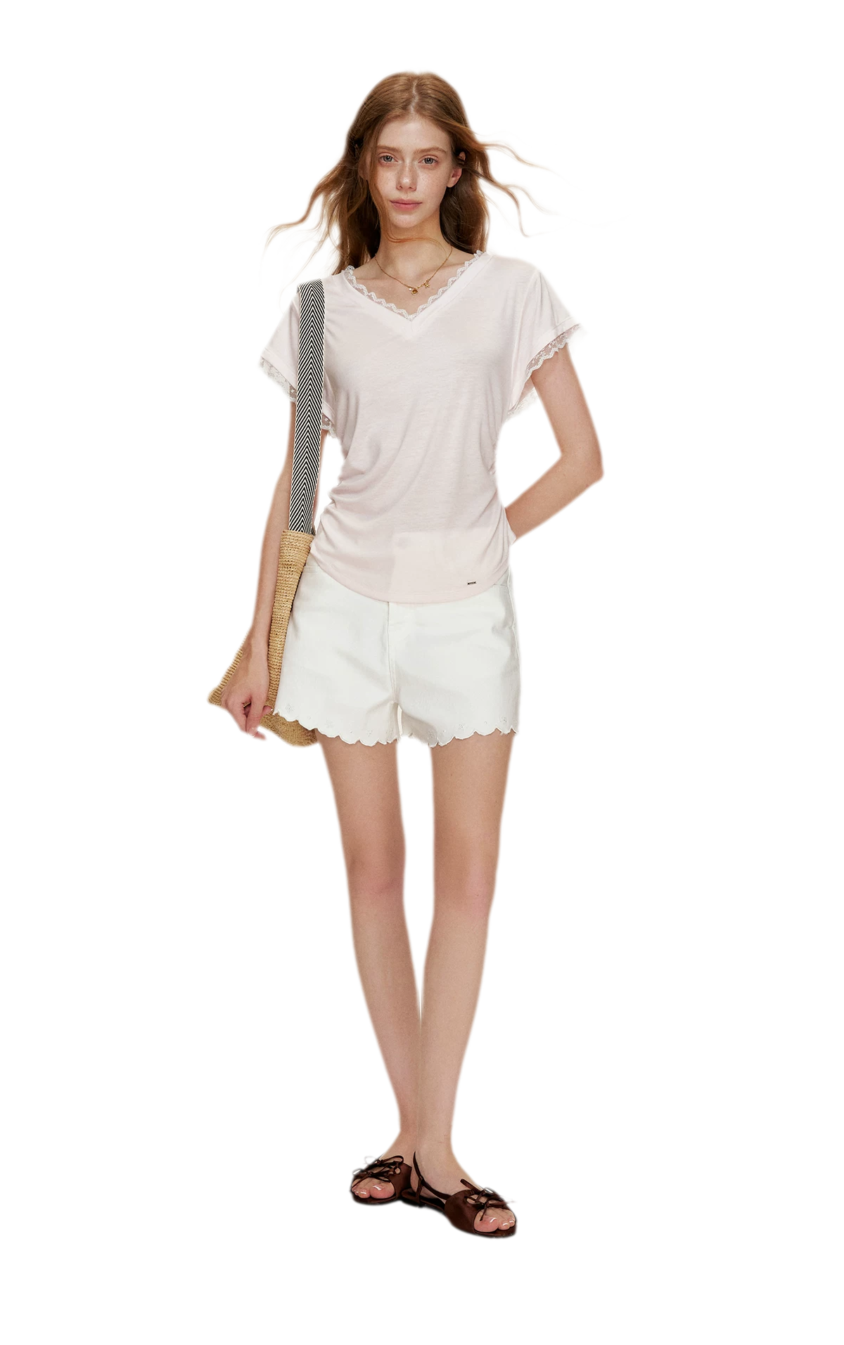 Tencel Lace Trim Loose Short Sleeve T-Shirt