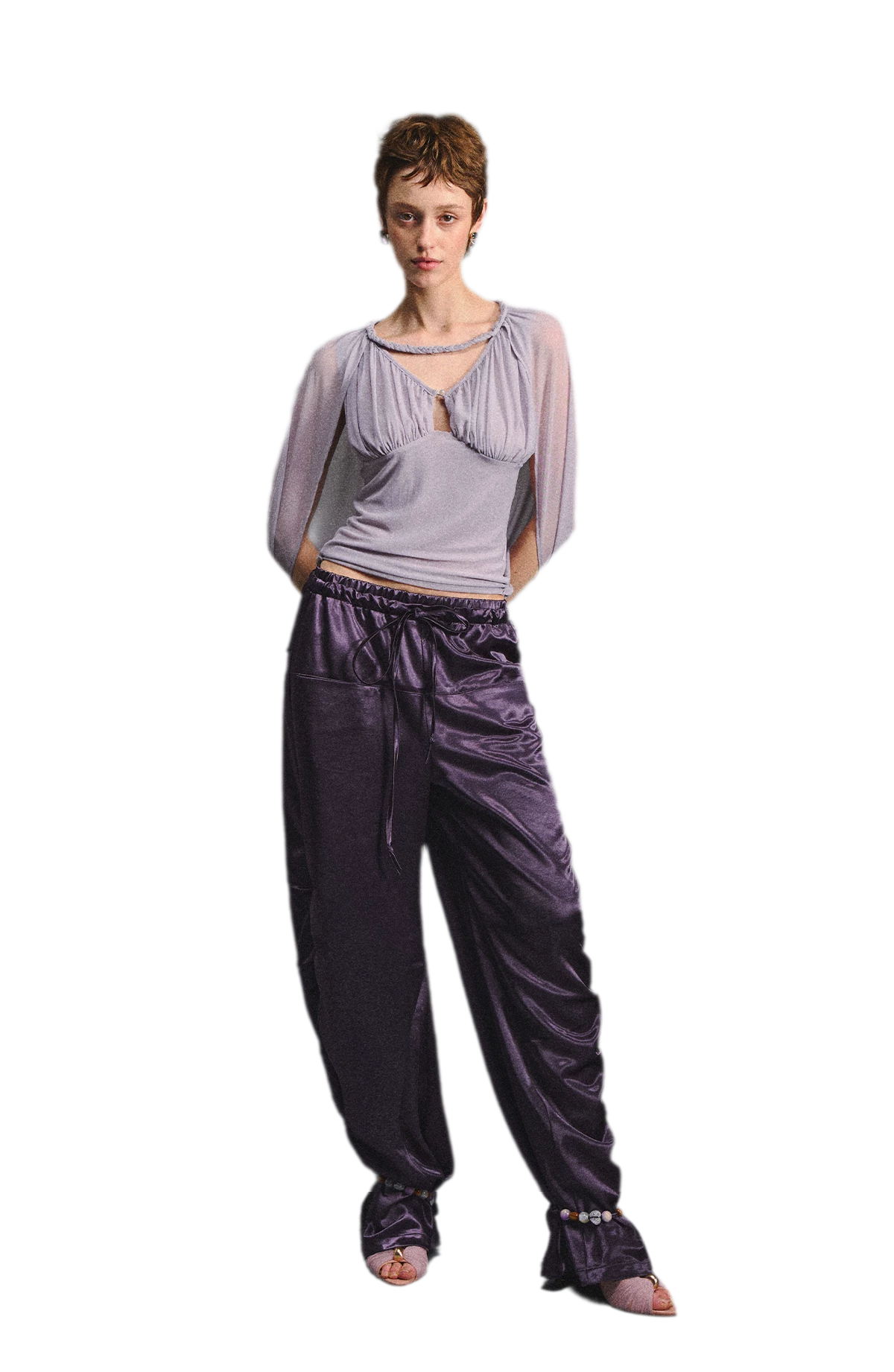 Ruched Mesh V-Neck Top