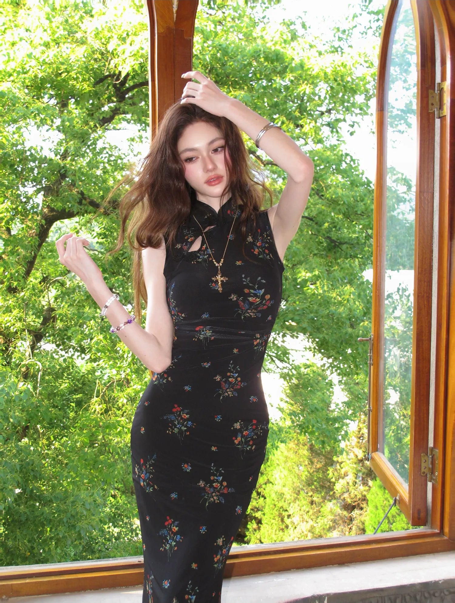 Dark Floral Mesh Qipao Dress