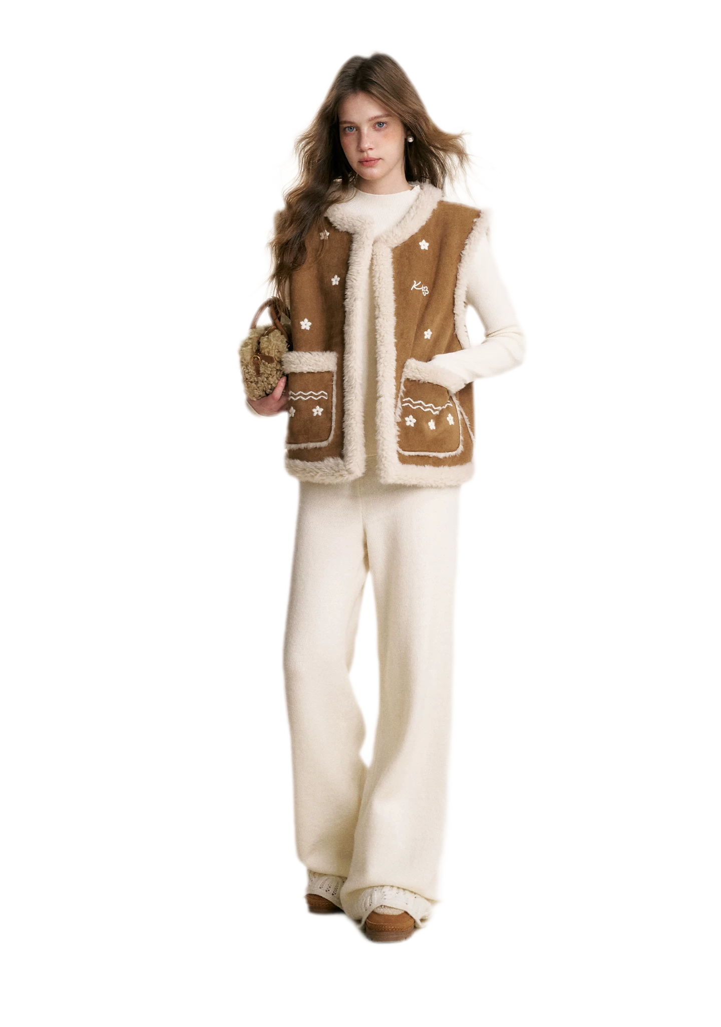 Shearling Floral Embroidered Vest