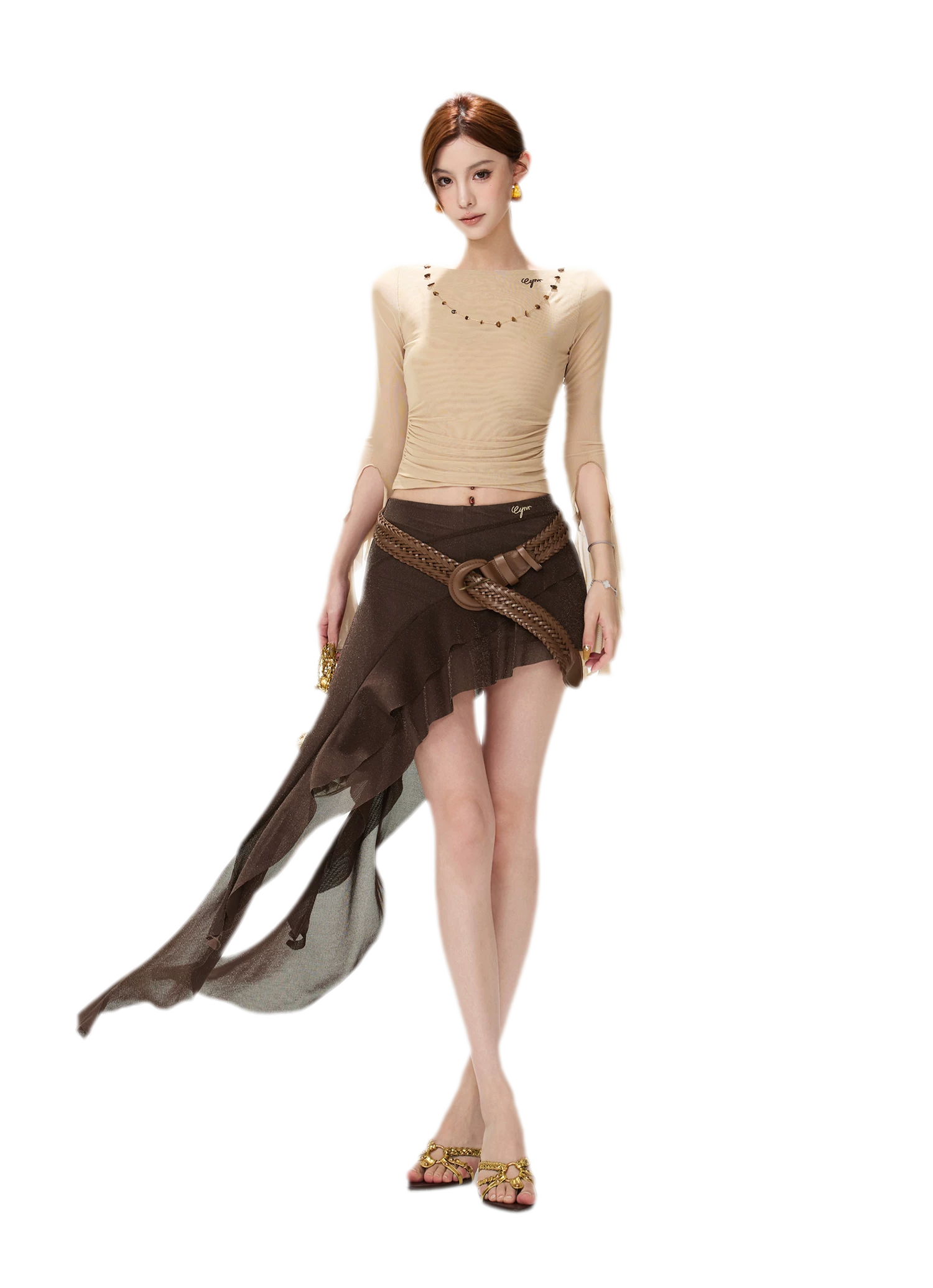 Ruched Mesh Boat-Neck Top