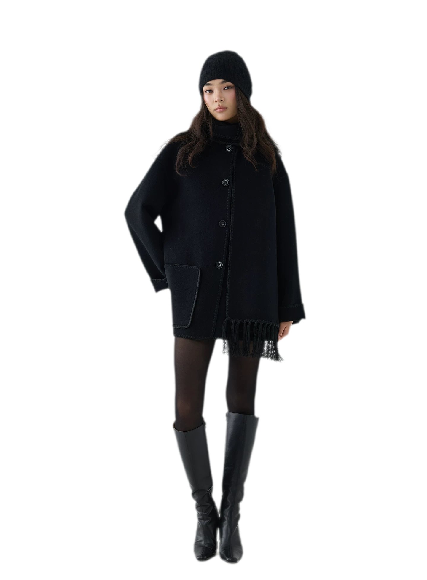 Double-Faced Wool Fringe Cape Coat
