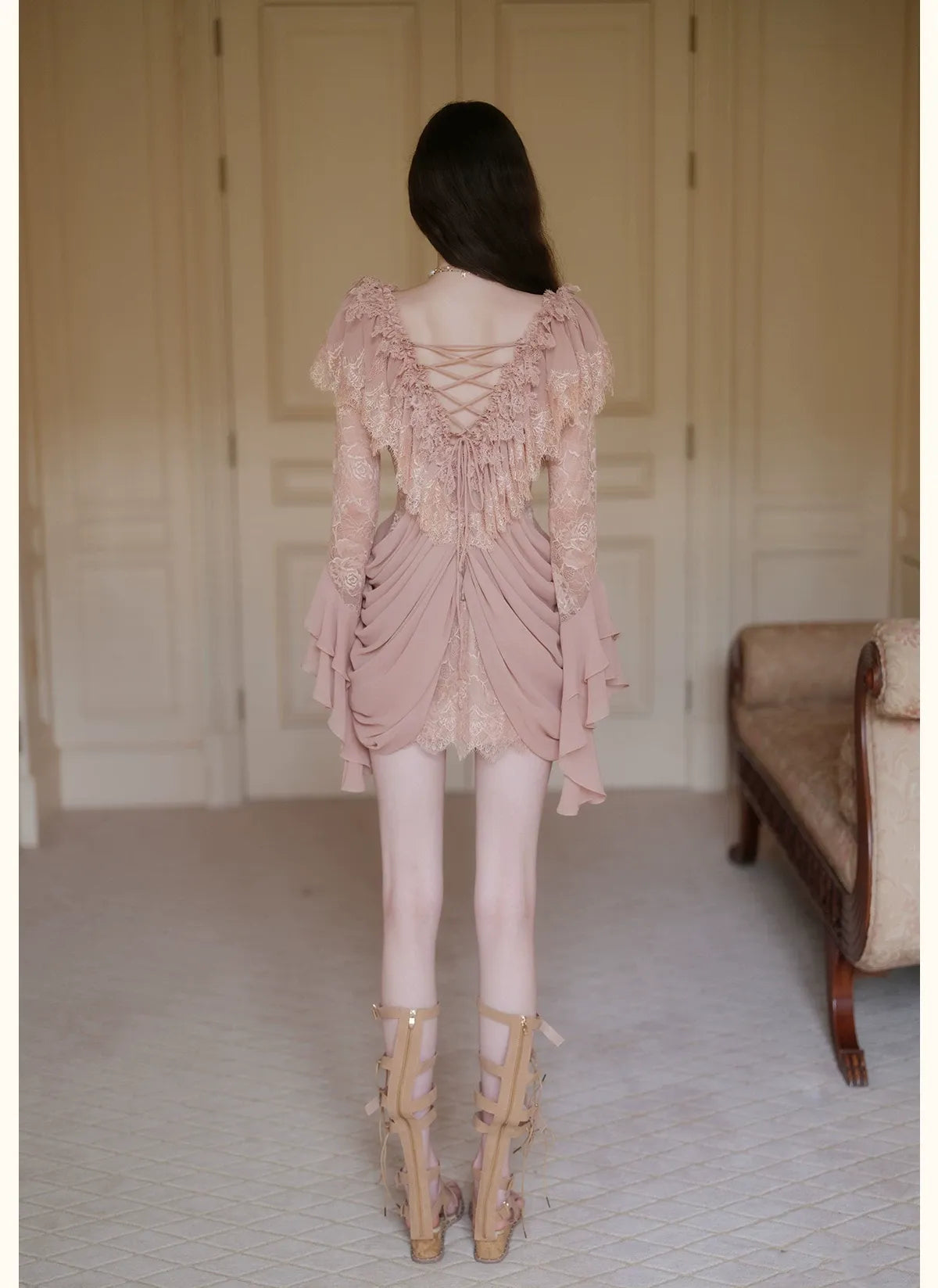 Lace Pleated V-Neck Dress