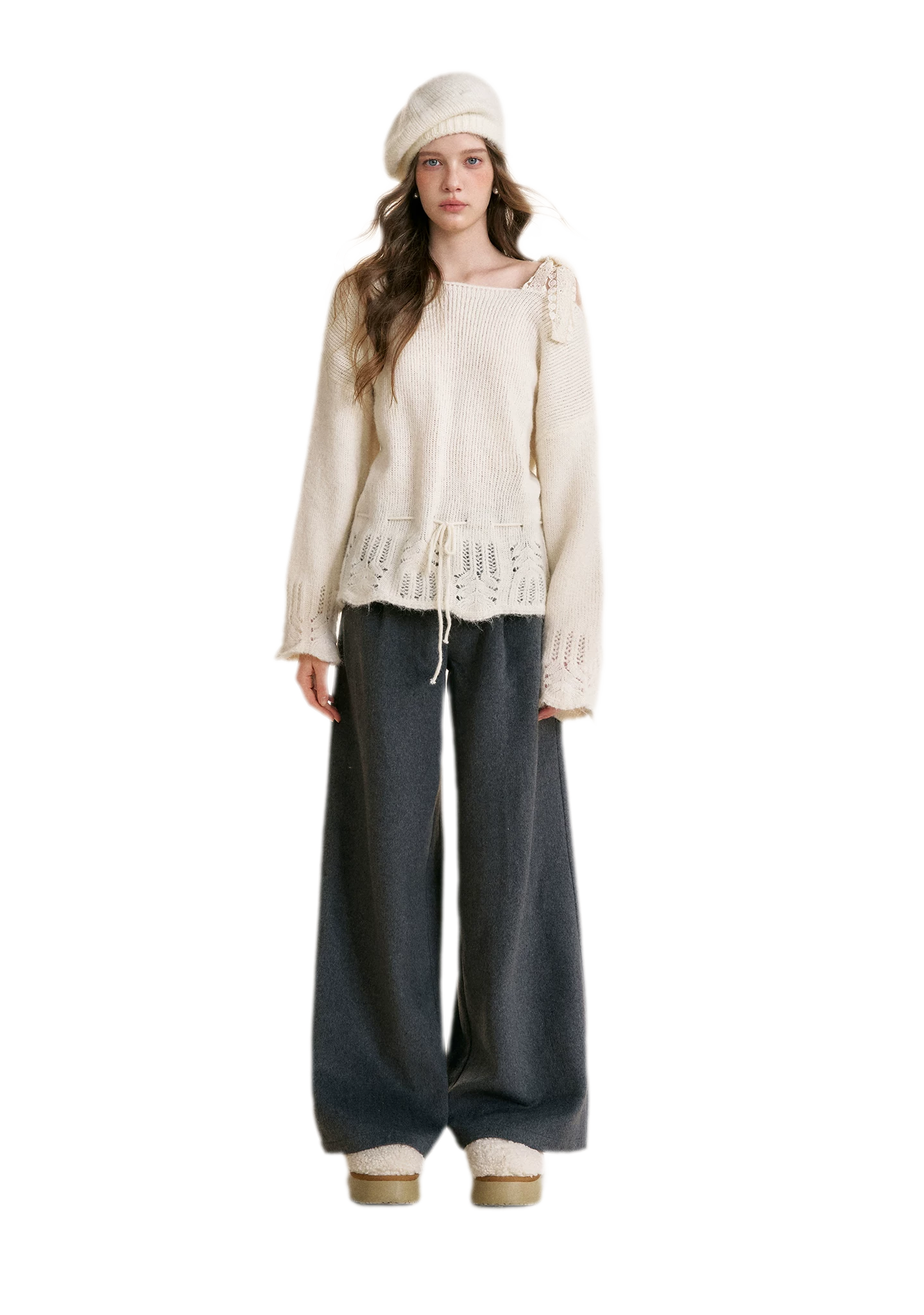 Lace Drawstring Off-Shoulder Sweater