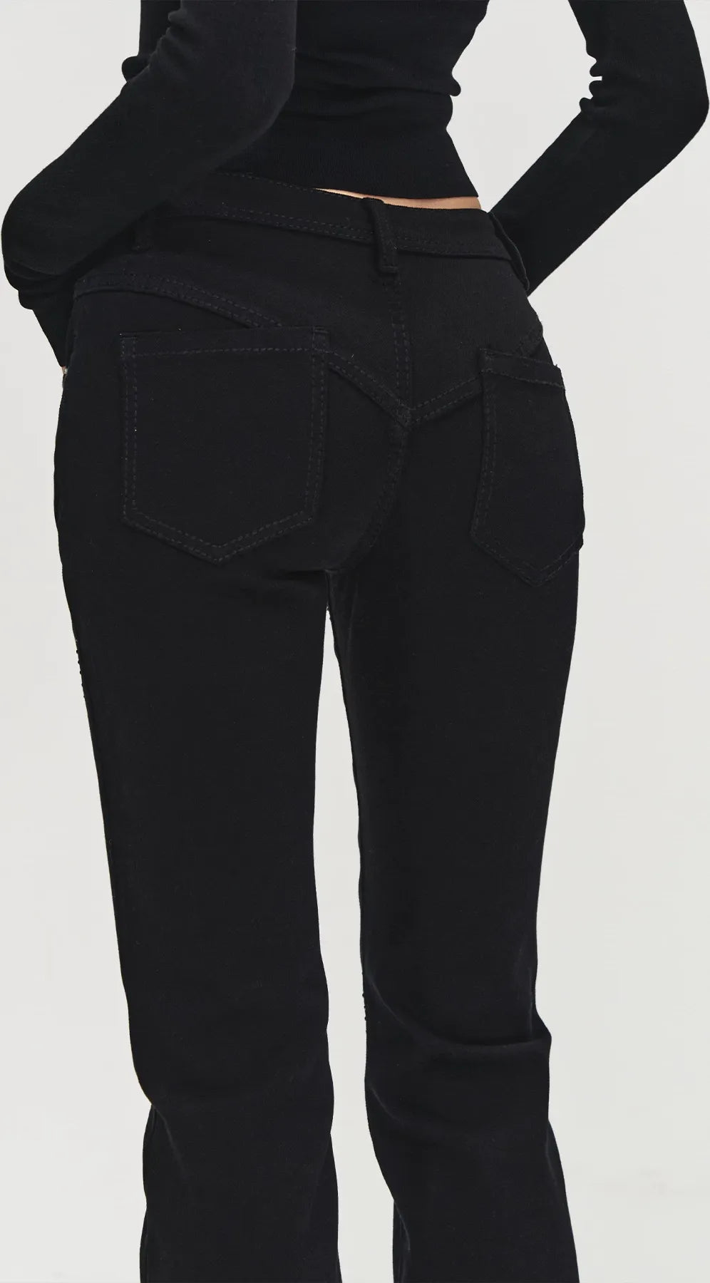 Stylish Quilted Rhinestone Mid-Low Waist Black Slim Flared