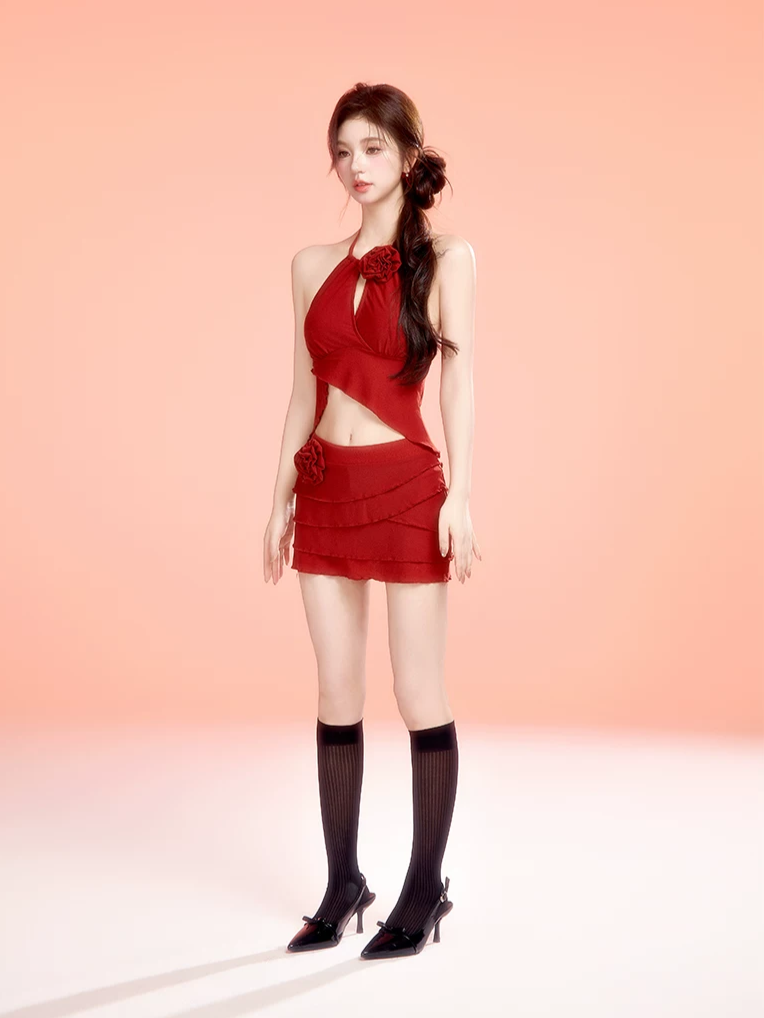 Textured Asymmetric Ruffle Swimdress