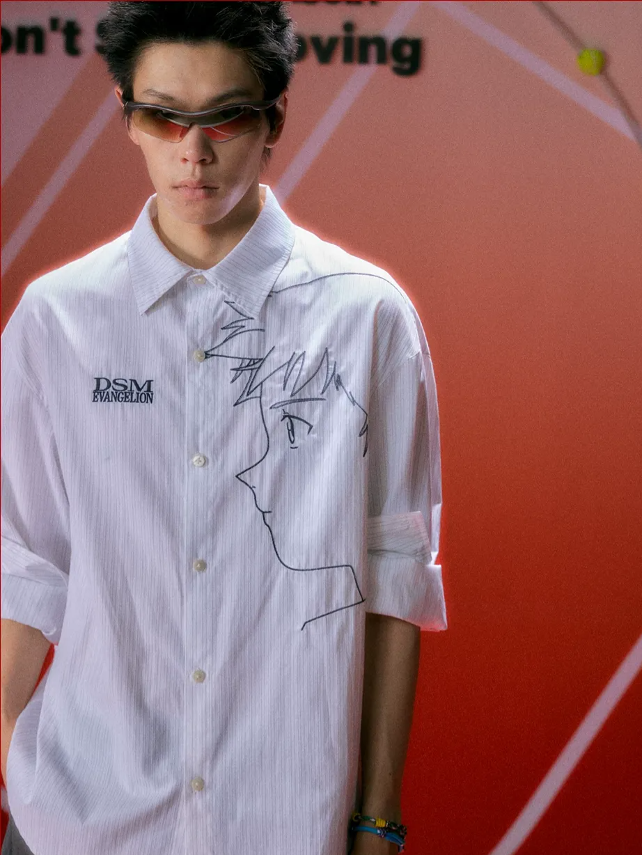 Fine-Stripe Embroidered Graphic Shirt