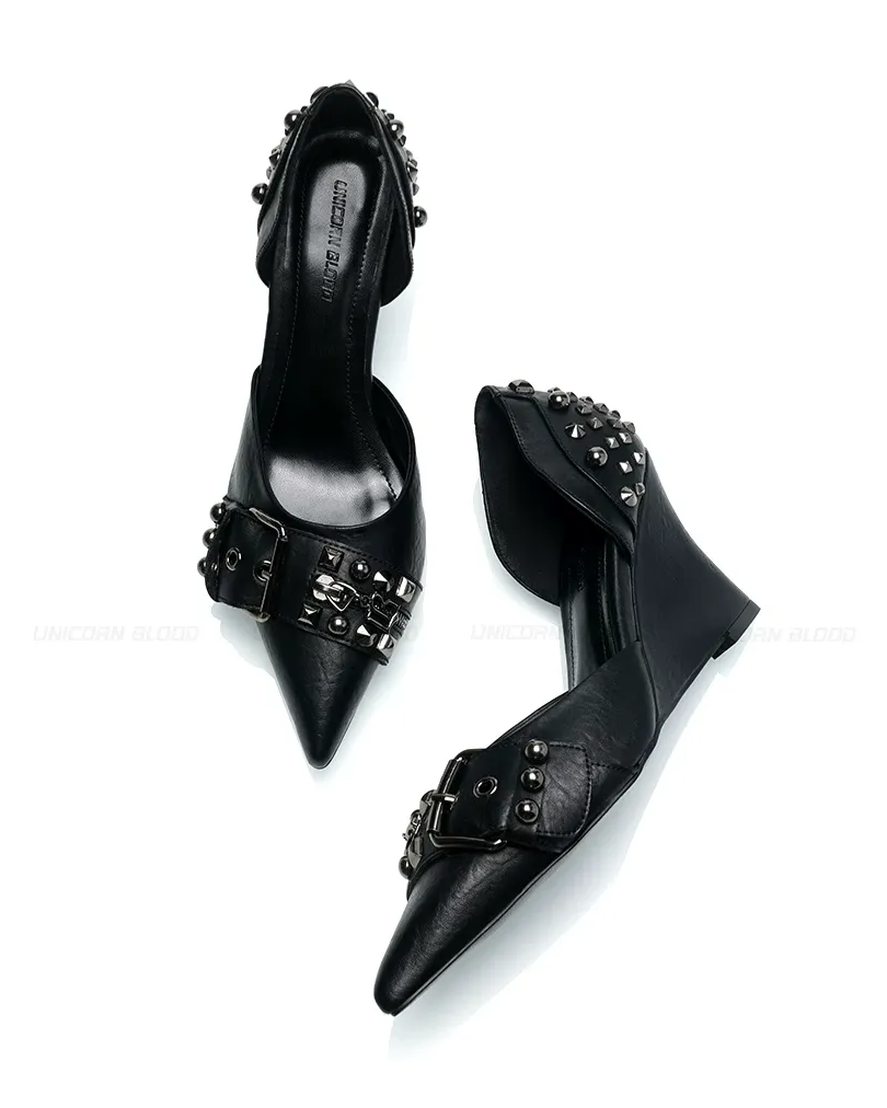 Studded Pointed-Toe Wedge Heels