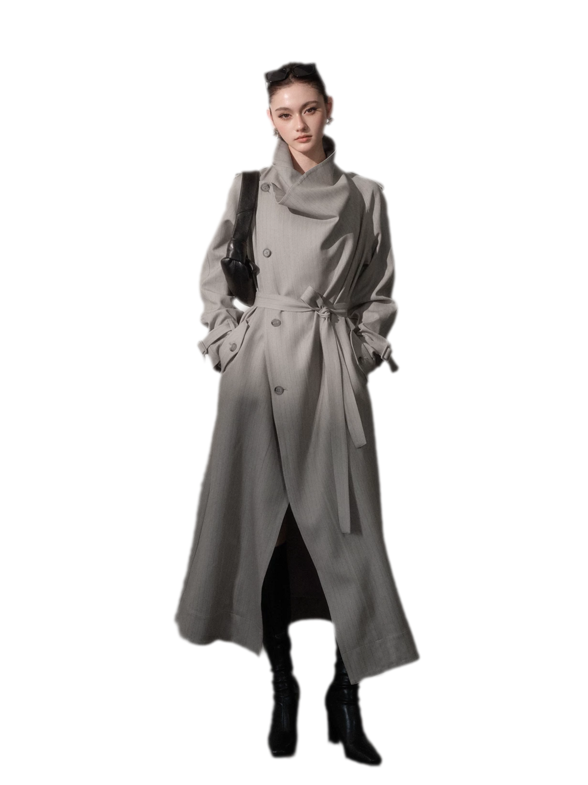 Silver-Thread Striped Long Trench Coat