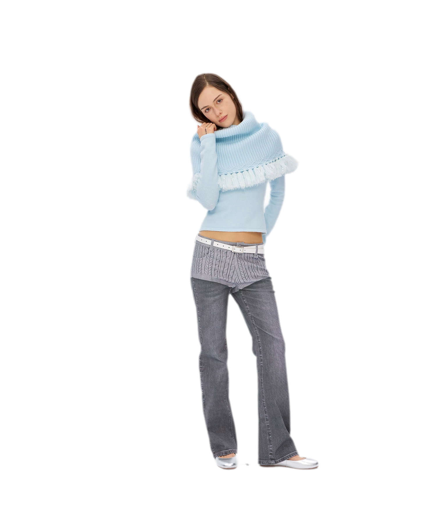 Fringed Ribbed Turtleneck Knit Top