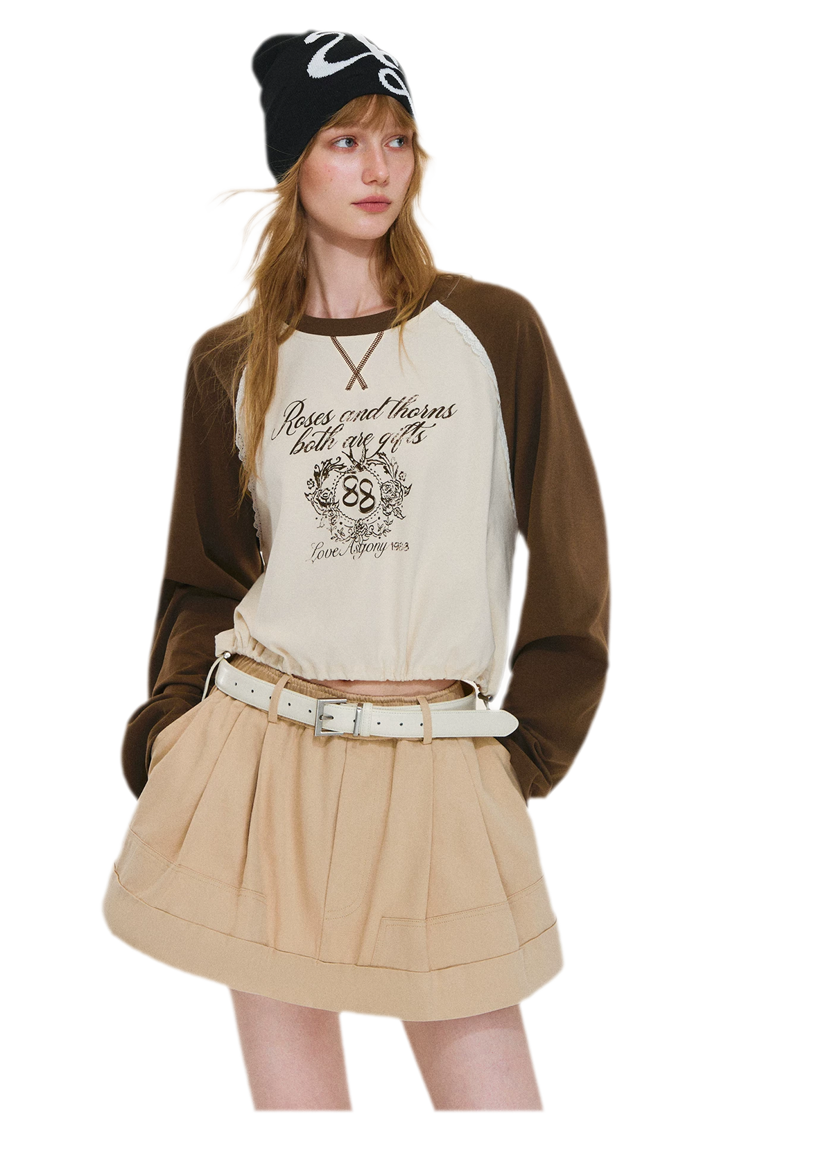 Cotton Raglan Cropped Long-Sleeve Top