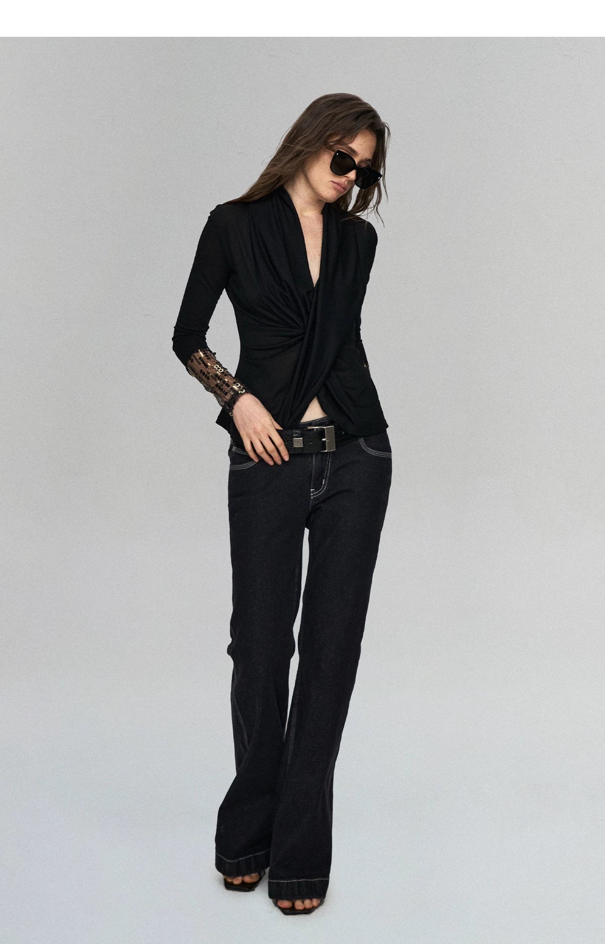 Embroidered Acetate Silk Cross-Knot Long Sleeve T-Shirt