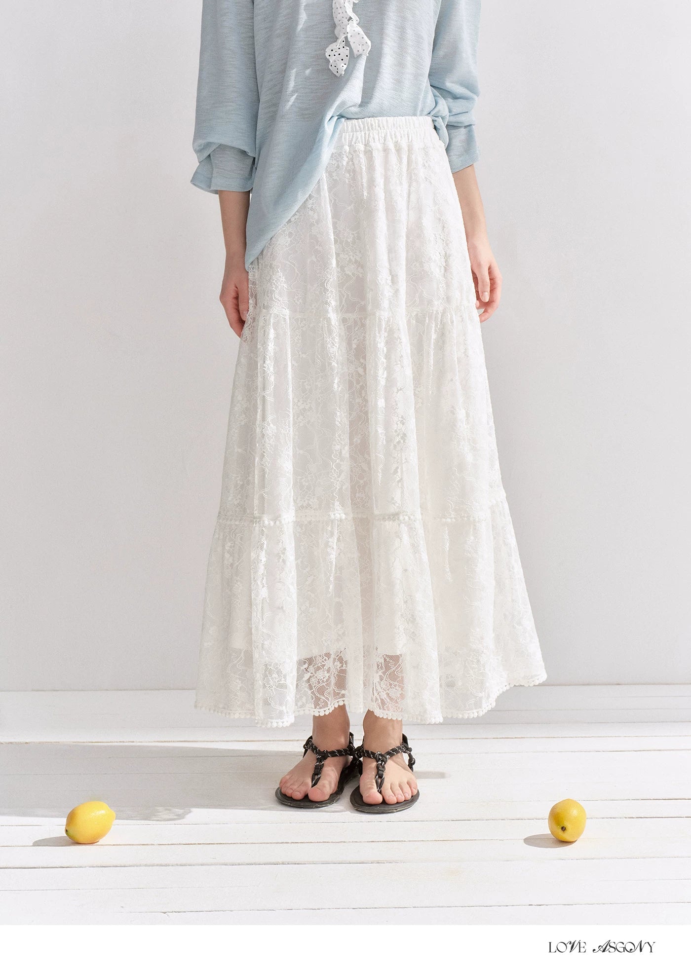 Lace Trim Elastic Waist A-line Long Skirt