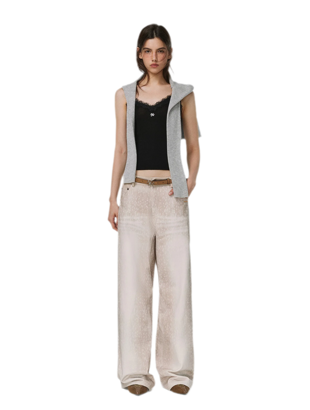 Feinstrick-Camisole aus Wolle mit Spitzenbesatz 100% Wolle