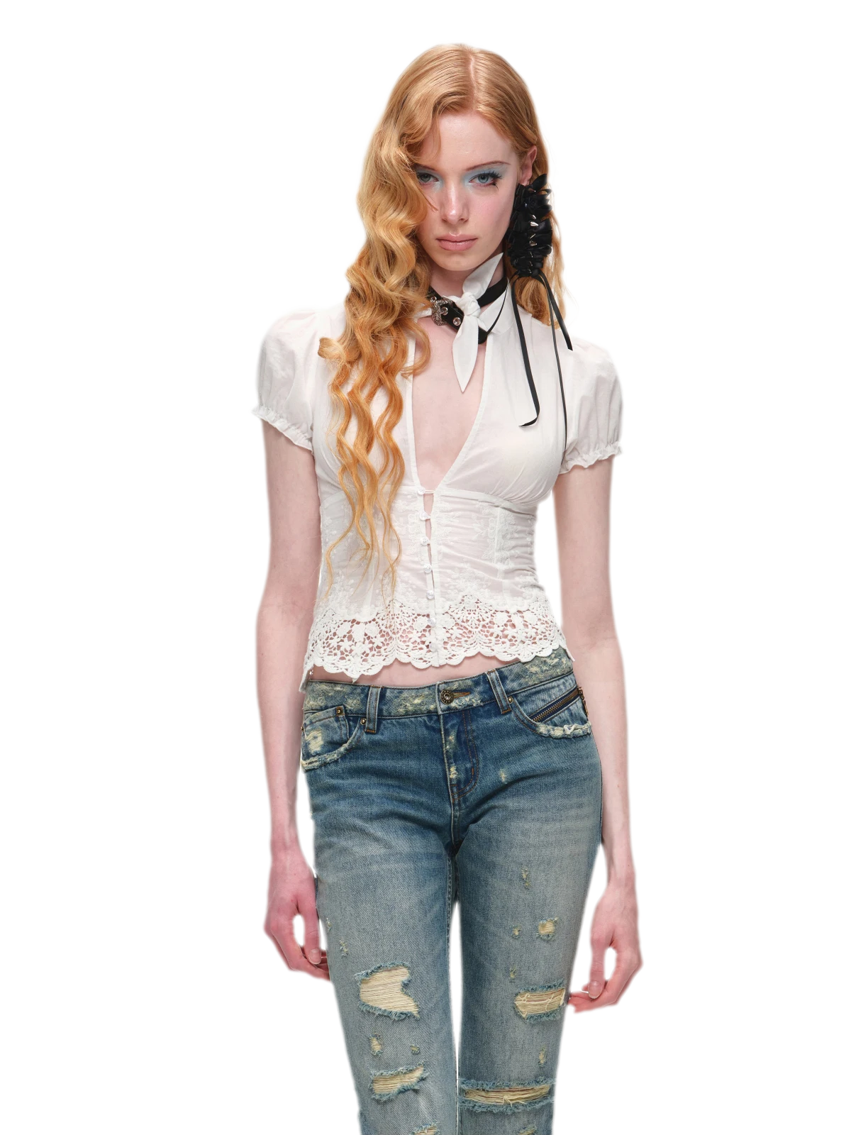 Deep V-Neck Jacquard Blouse