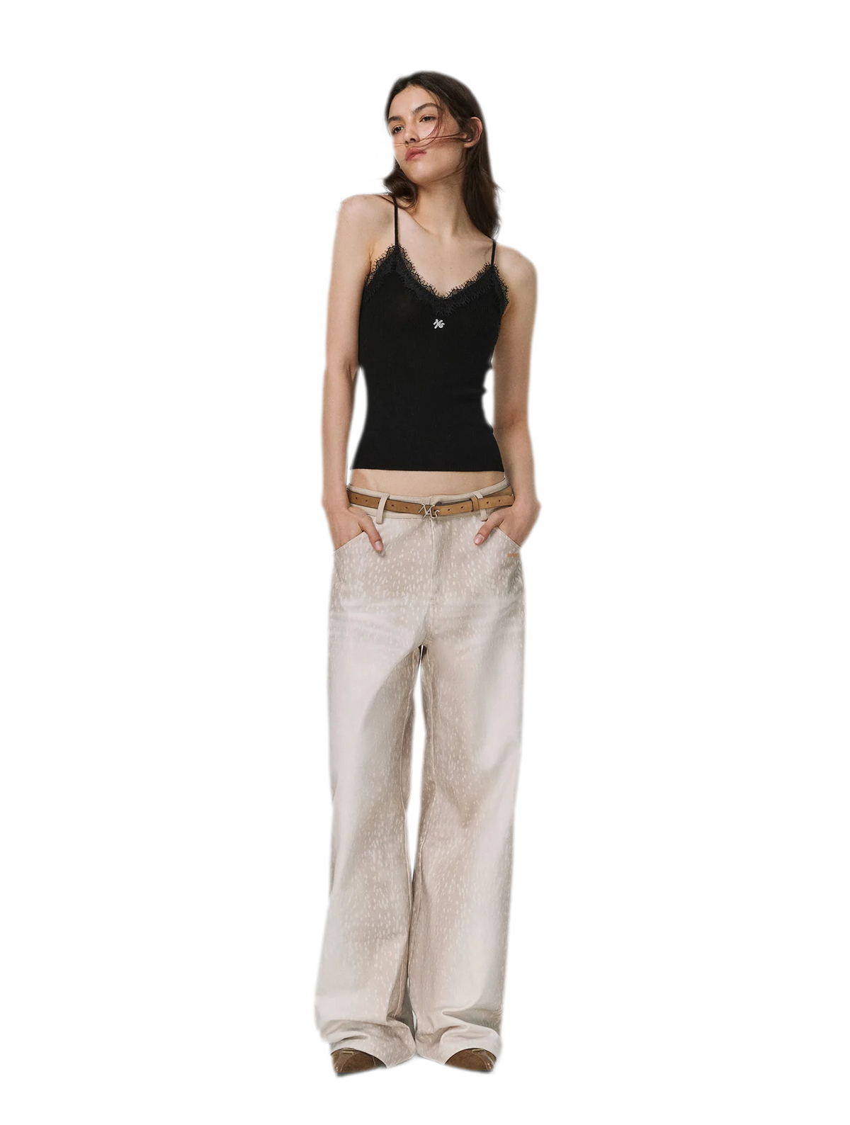 Feinstrick-Camisole aus Wolle mit Spitzenbesatz 100% Wolle