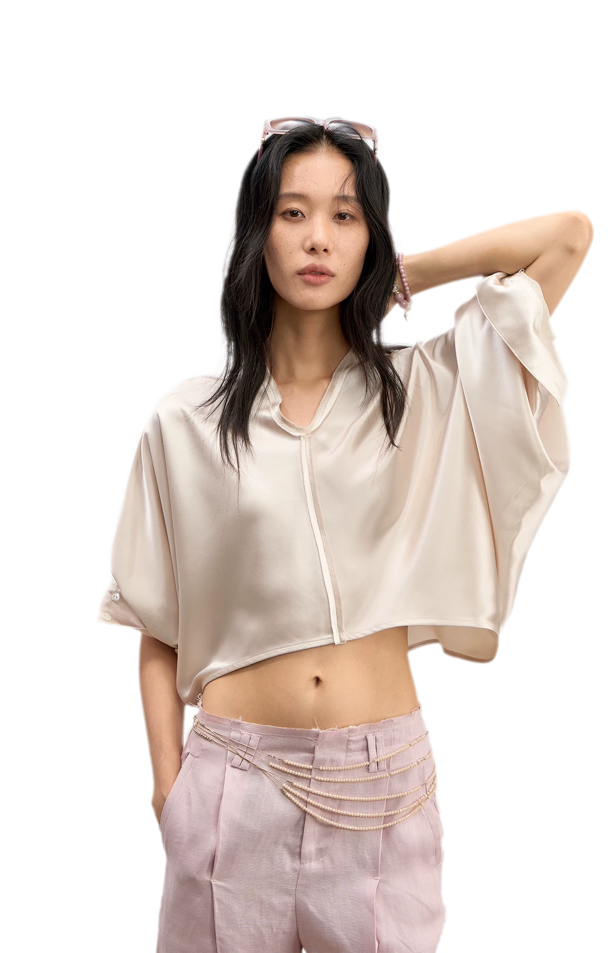 Camicia pullover corta in raso di acetato