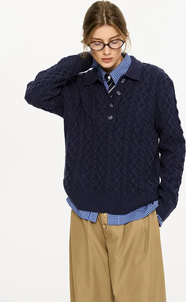 Chunky Cable Knit Polo Sweater