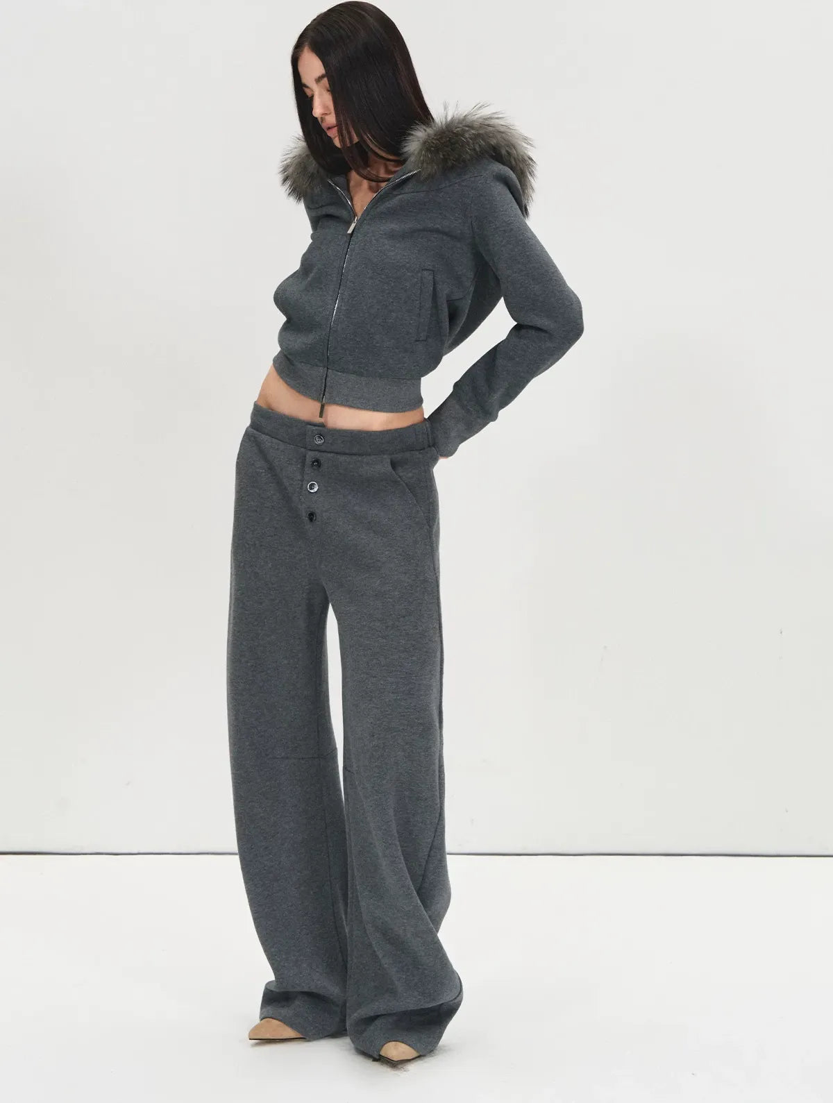 Detachable Fur Collar Fleece Hoodie & Relaxed Pants