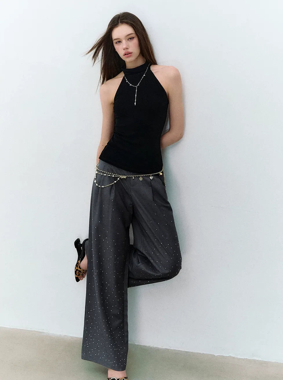 Rhinestone Pleated Waistband Wide-Leg Pants