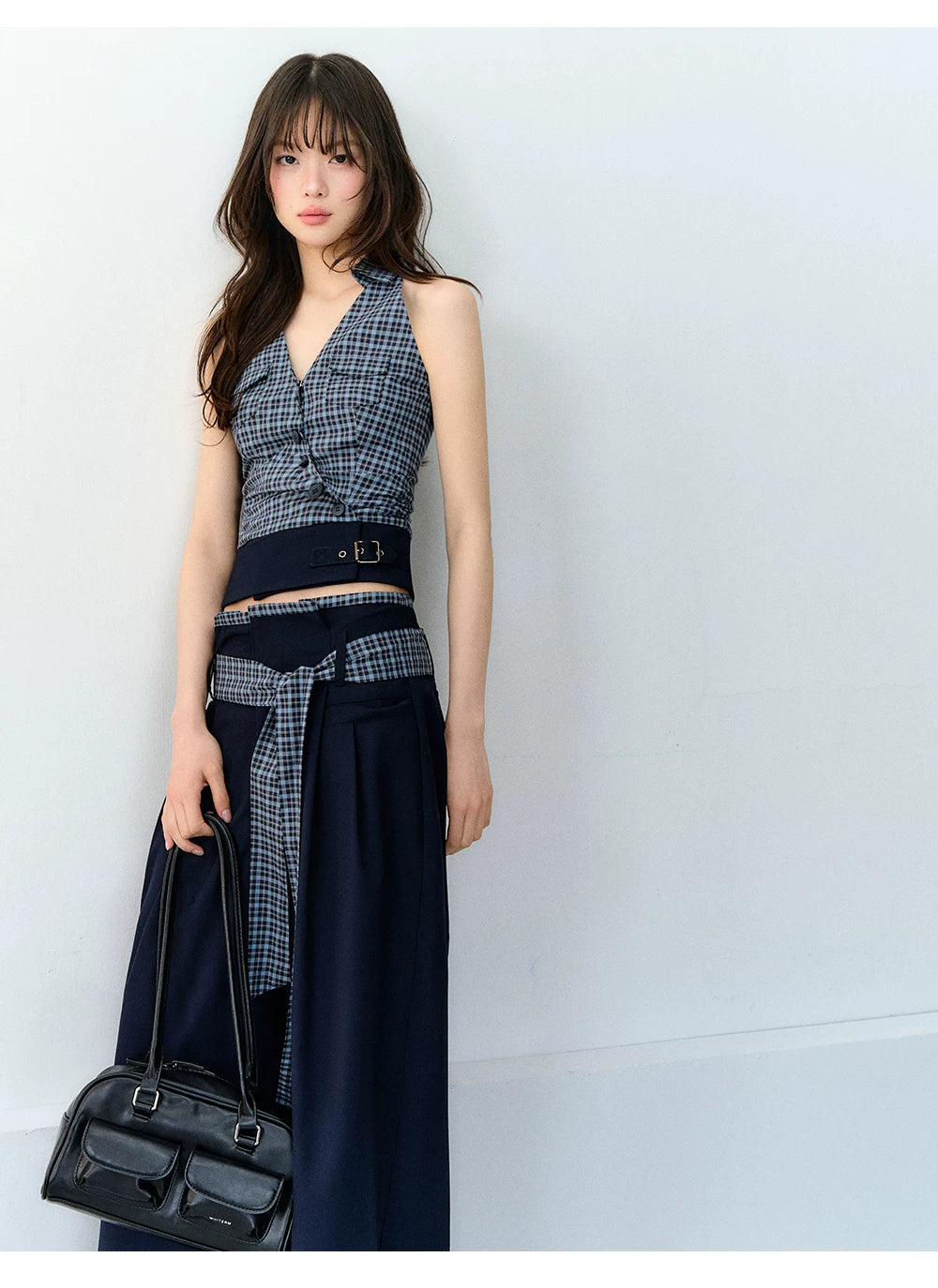 Navy Blue Plaid Two-Piece Set
