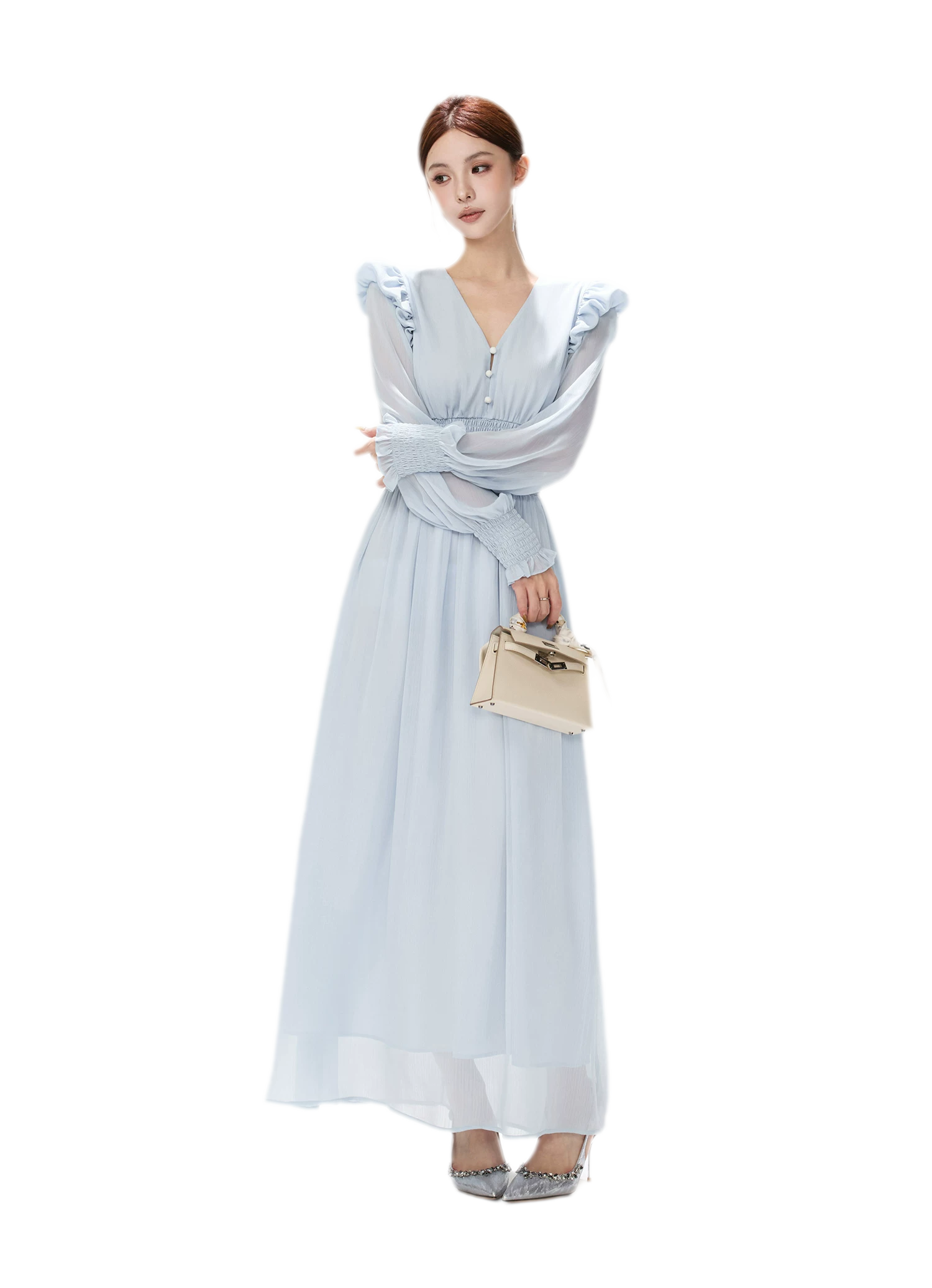 Textured Ruffle V-Neck Dress