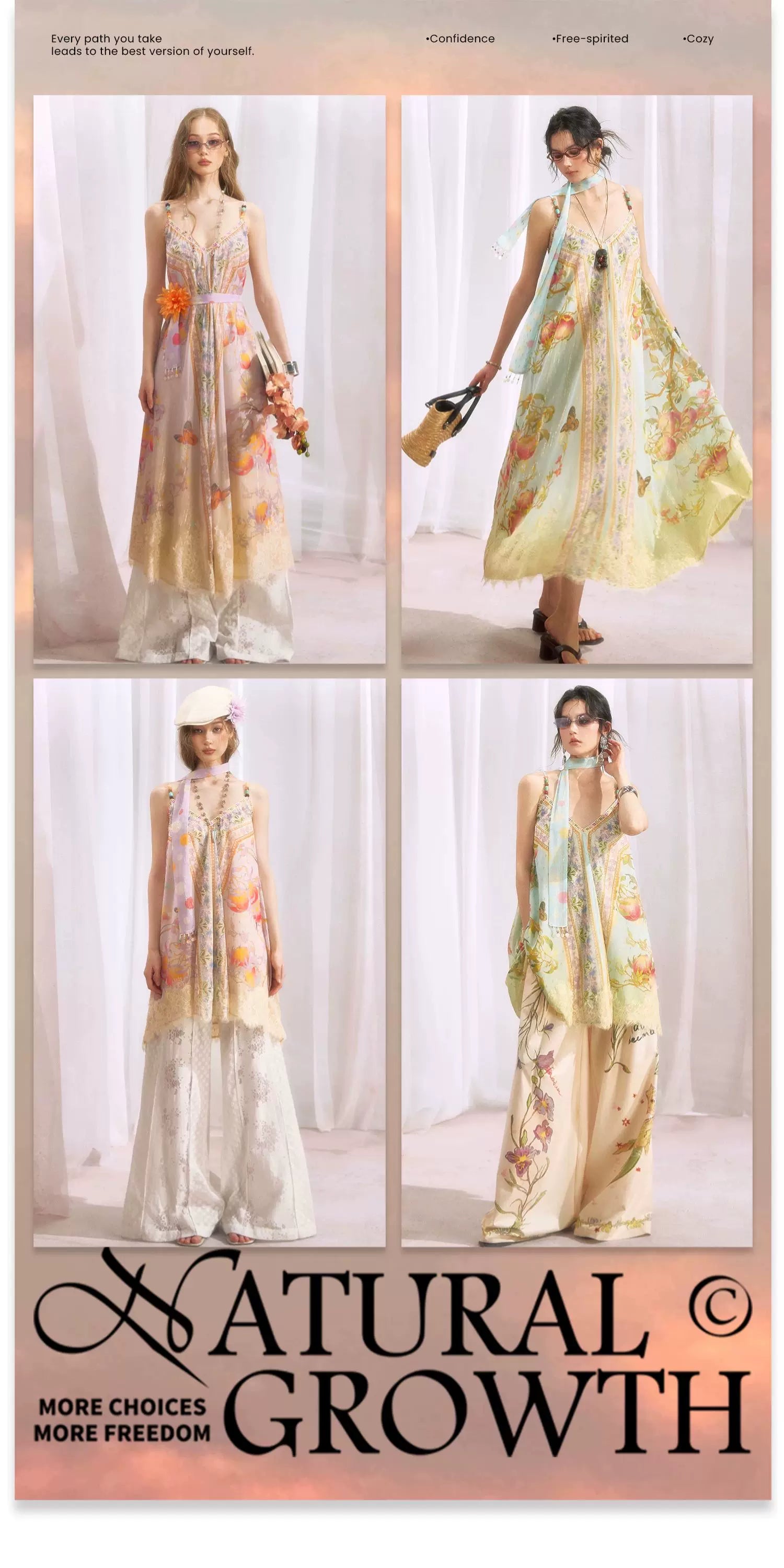 Peach Branch Print Metallic Chiffon Dress