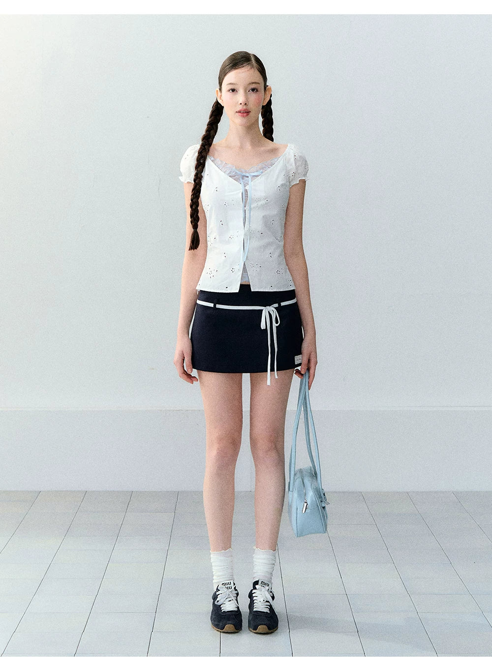 Korean Style Color-Block Tie Waist Shorts Skirt
