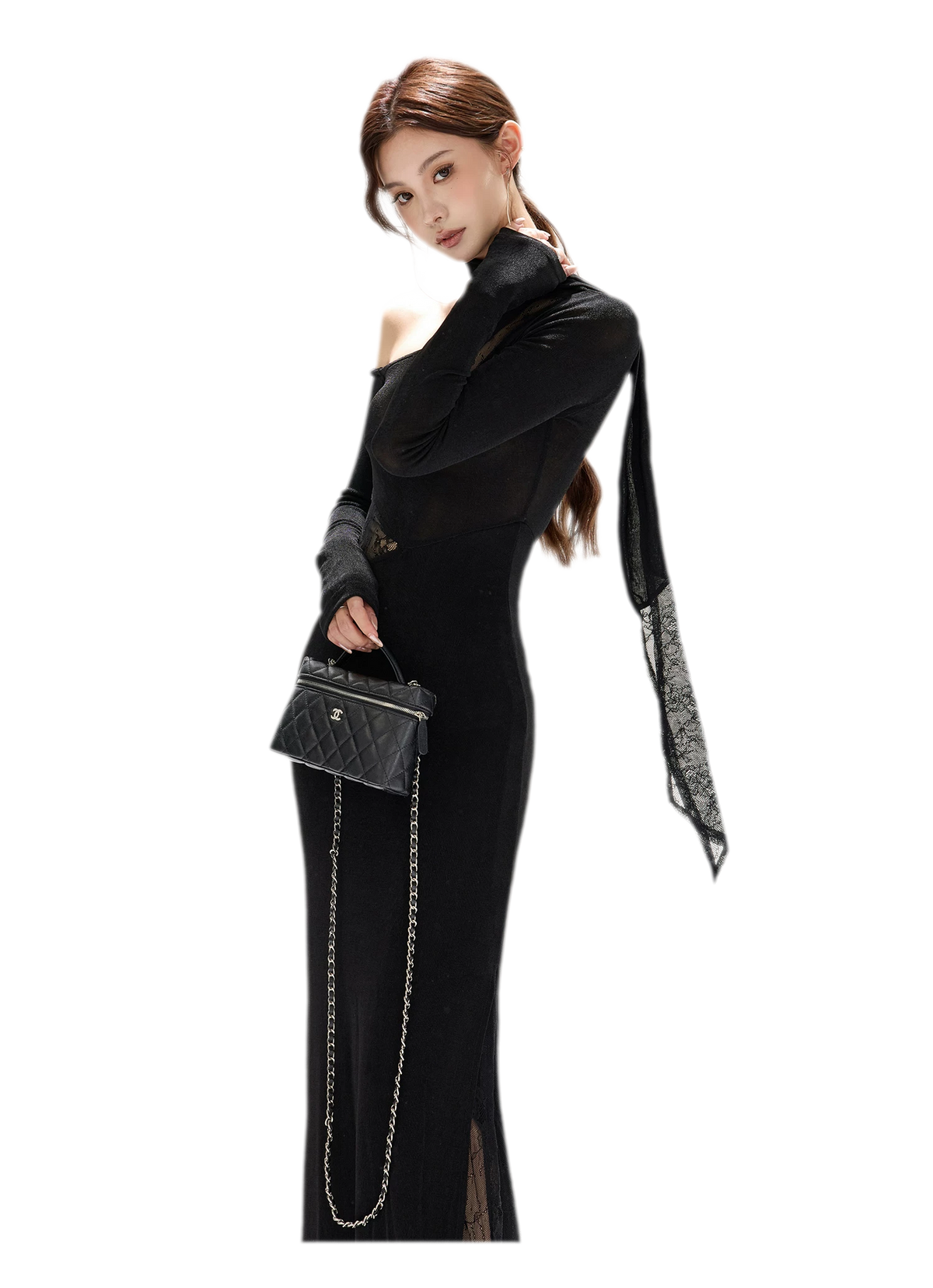 Schimmerndes asymmetrisches Spitzen-Strickkleid
