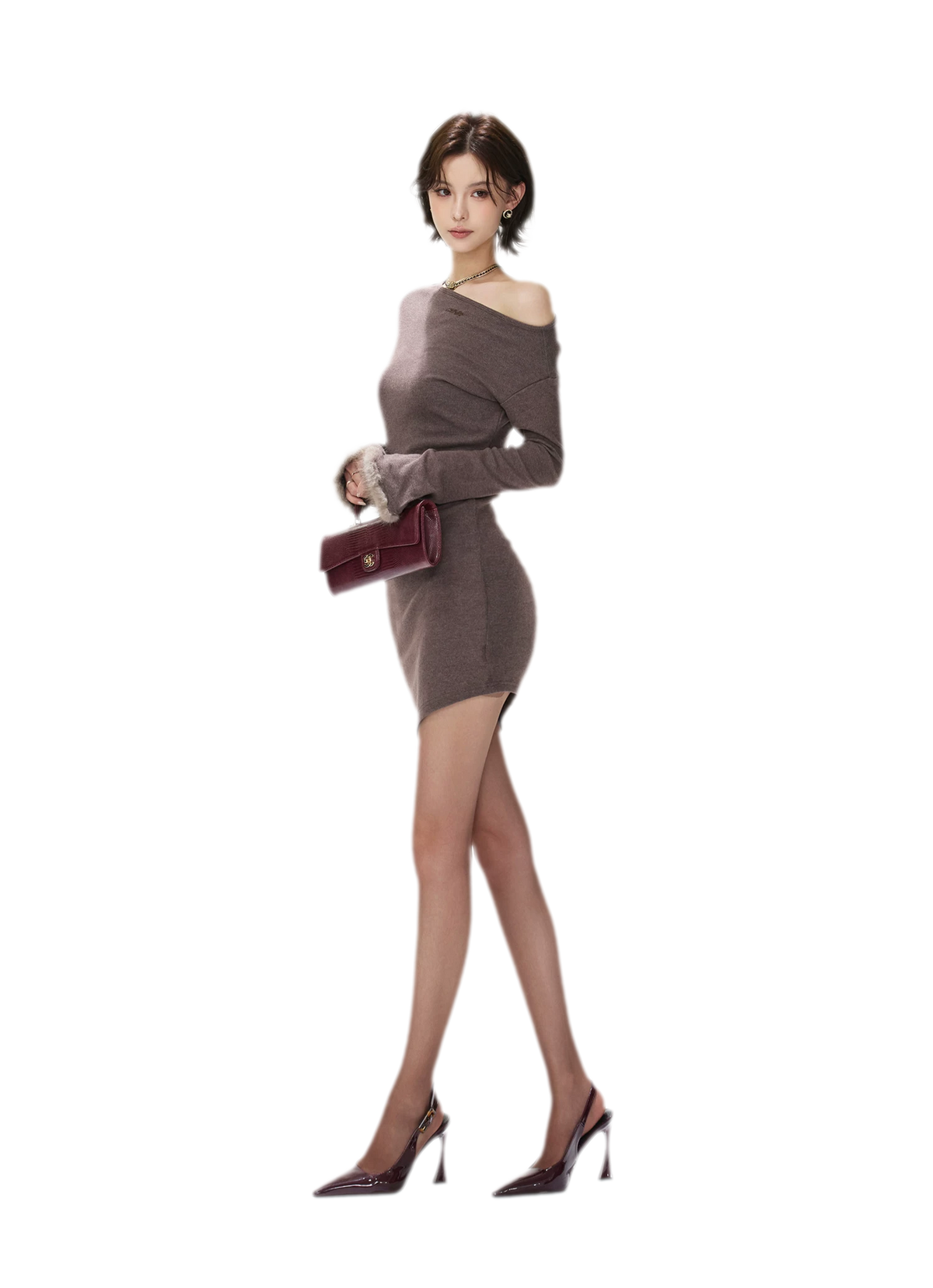 Asymmetrisches Kleid mit Fuchspelz-Bündchen