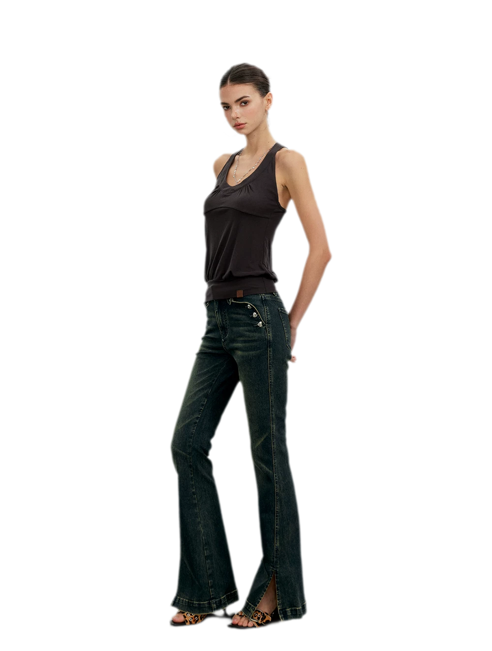 Washed Slit Flare Jeans