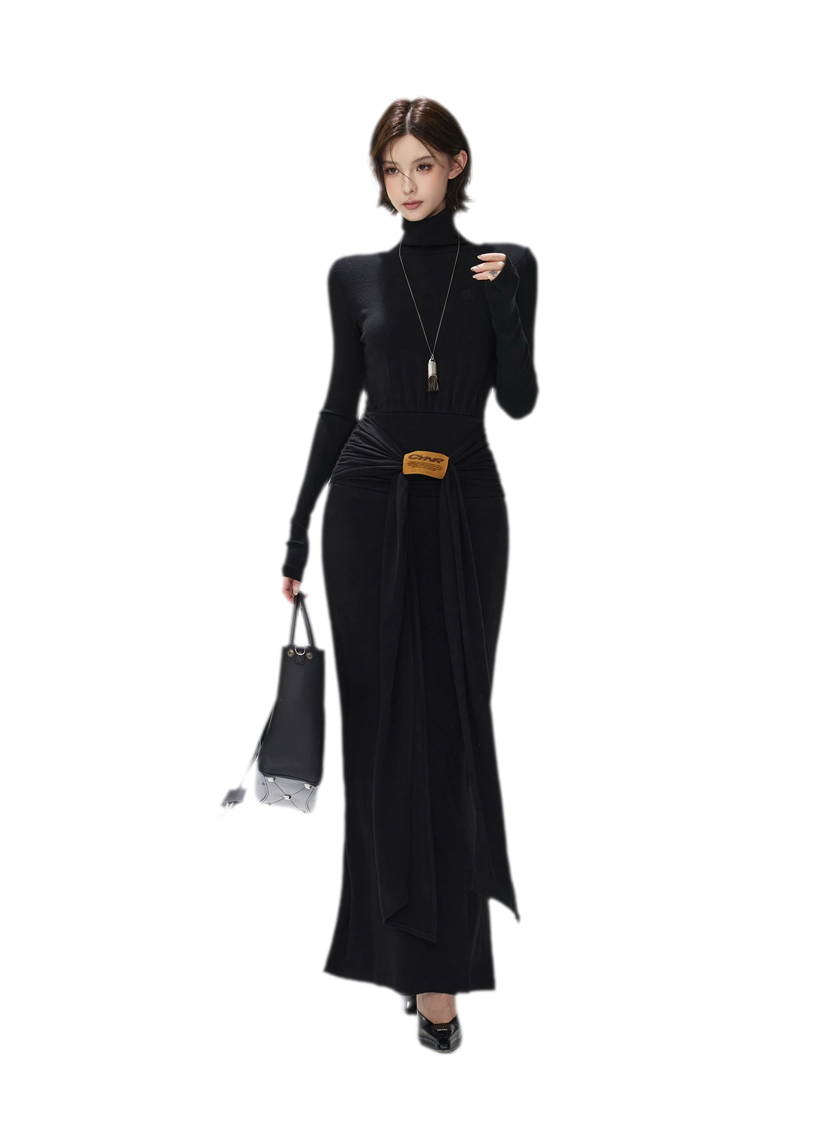 Turtleneck Ruched Waist Knit Dress