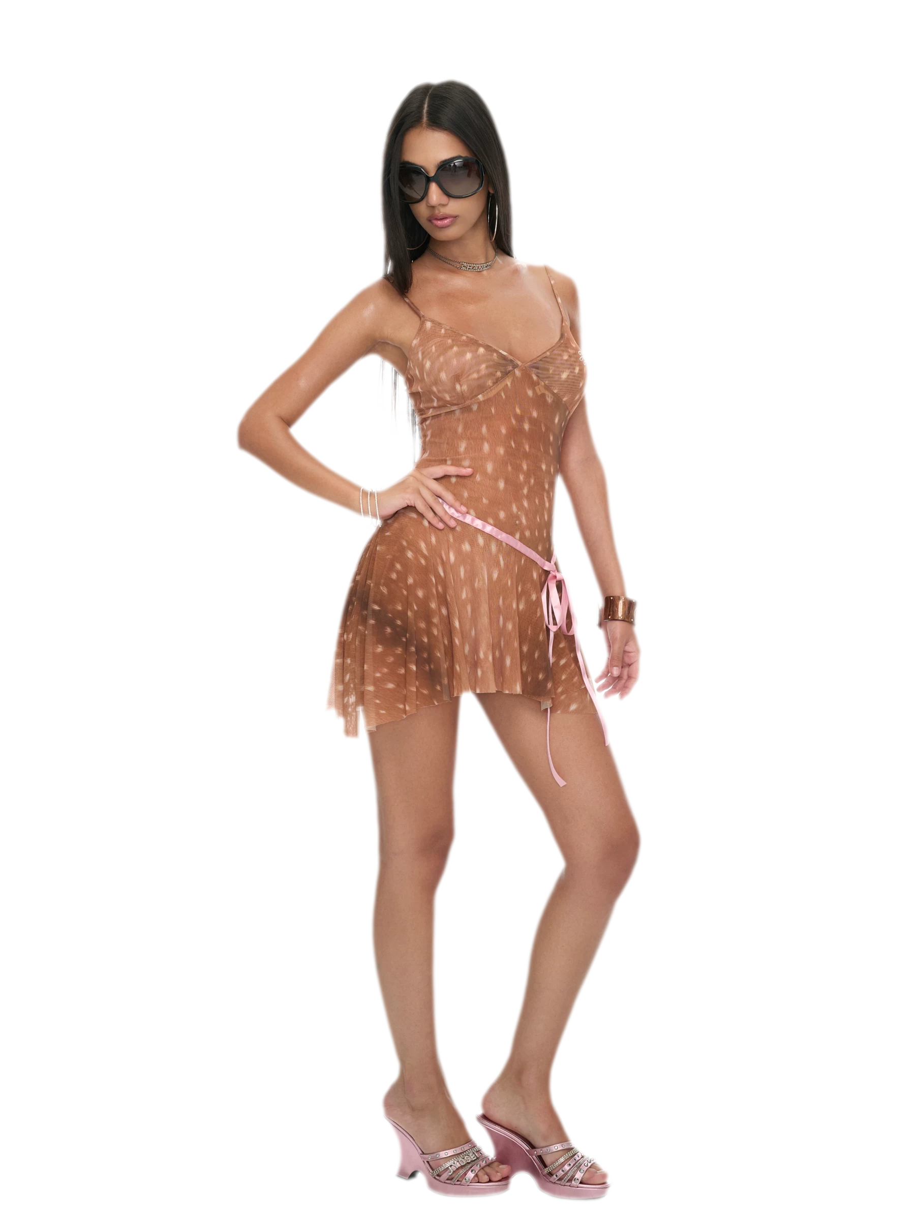 Deer Print Sheer Ribbon Dress