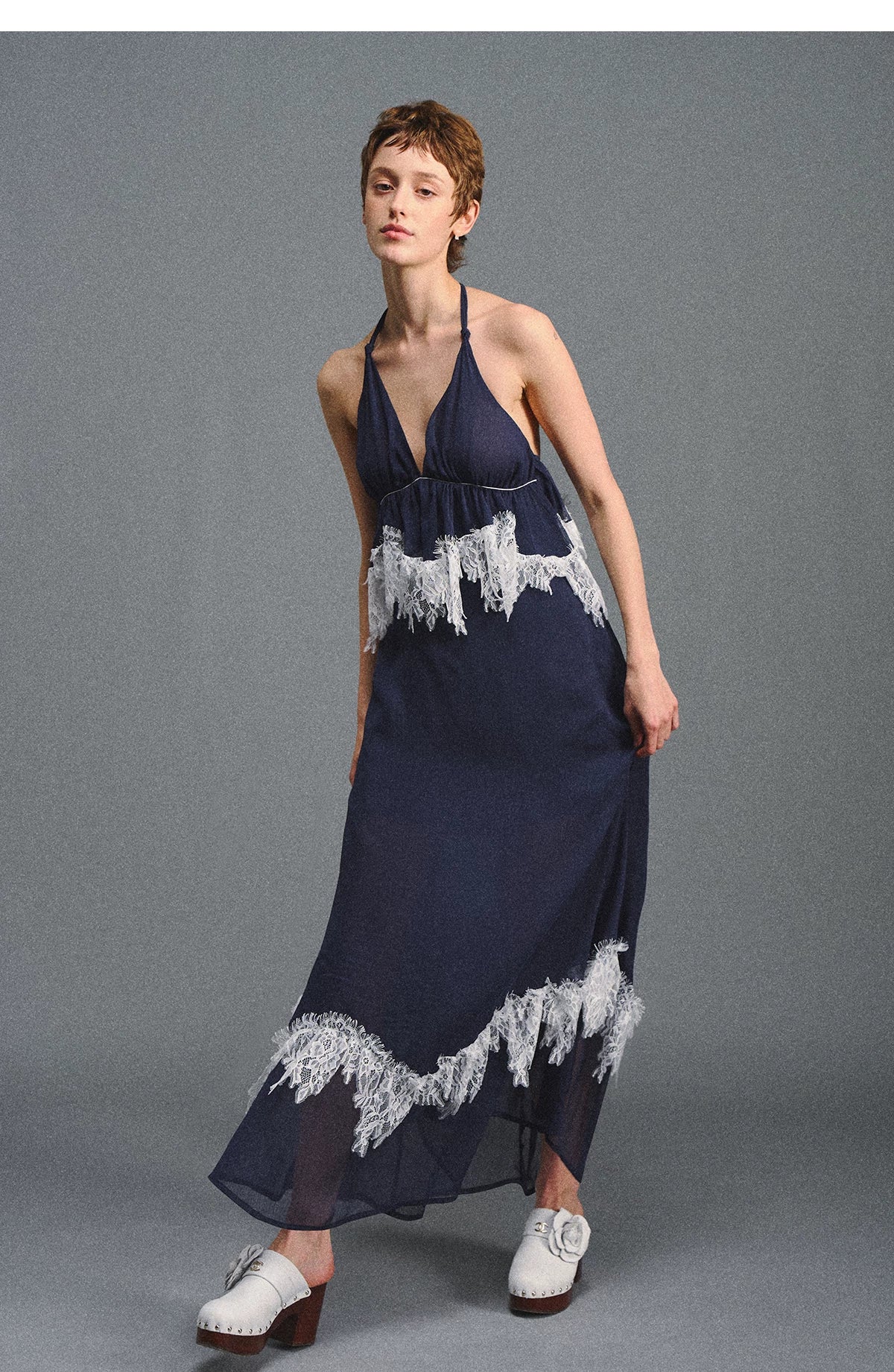 Deep V Halter Maxi Dress in Serene Blue