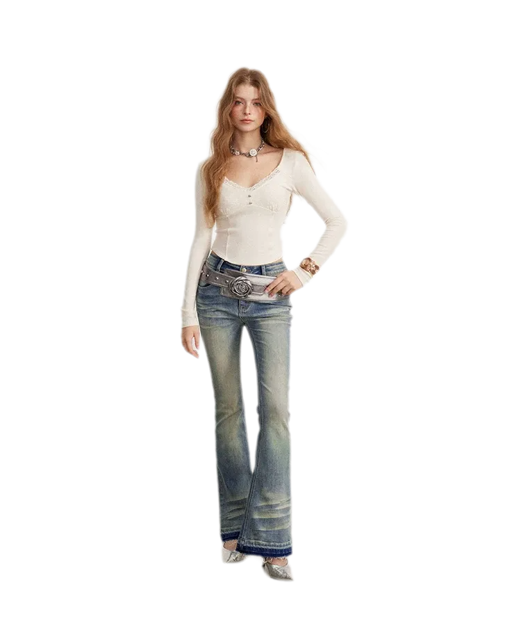 Lace Panel Cropped Long-Sleeve Top