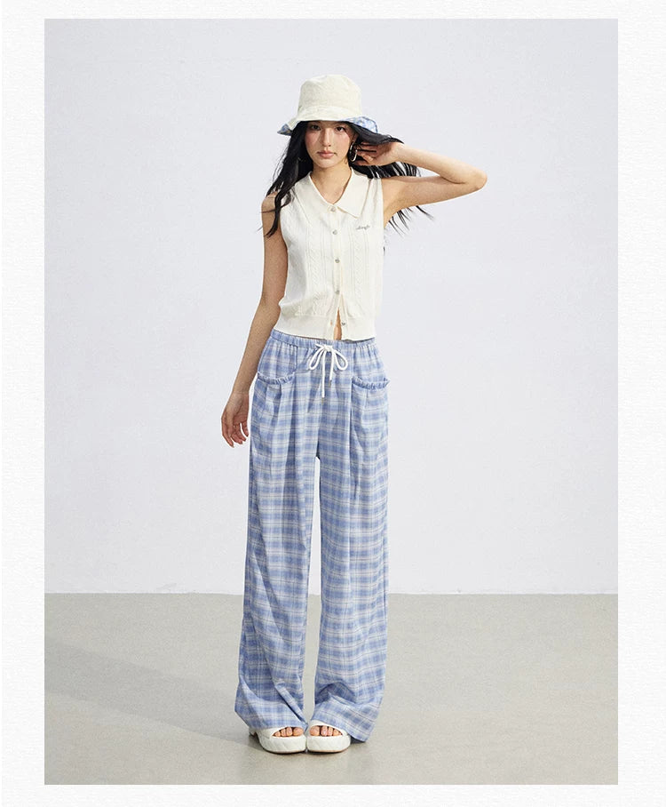 Lace Trim Plaid Wide-Leg Pants