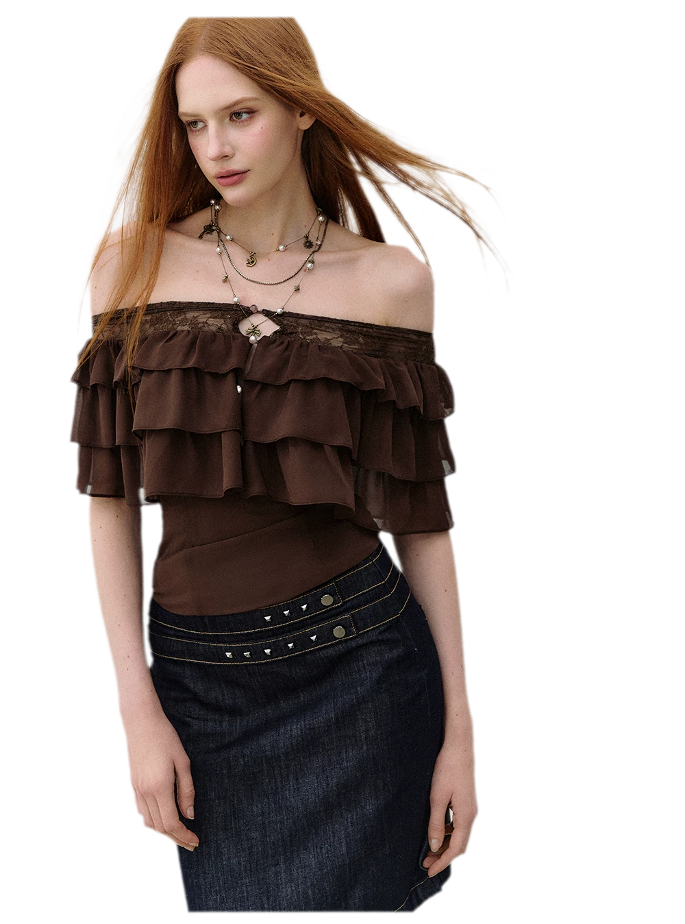 Layered Chiffon Lace Off-Shoulder T-Shirt