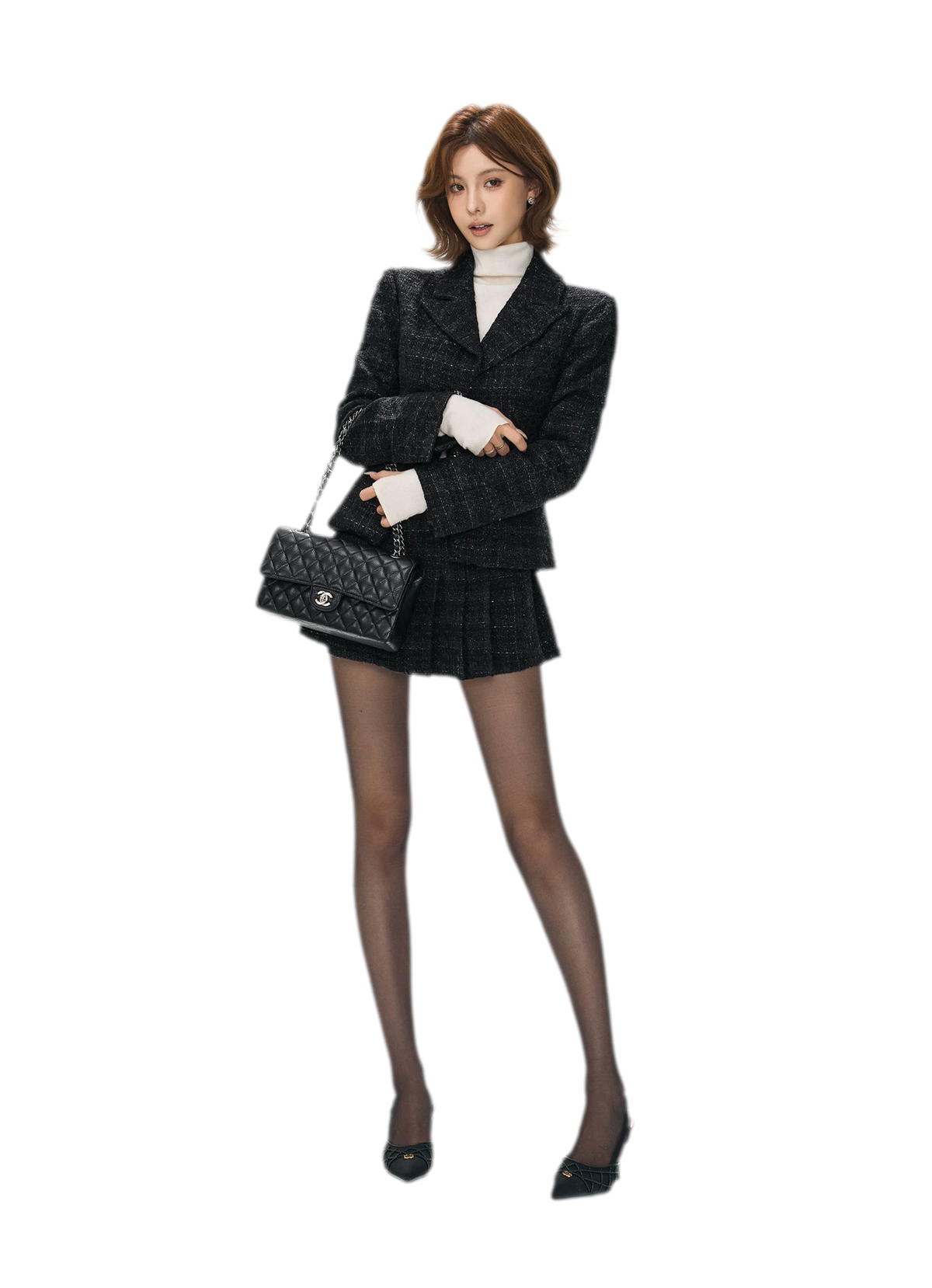Tweed Jacket Pleated Skirt Set