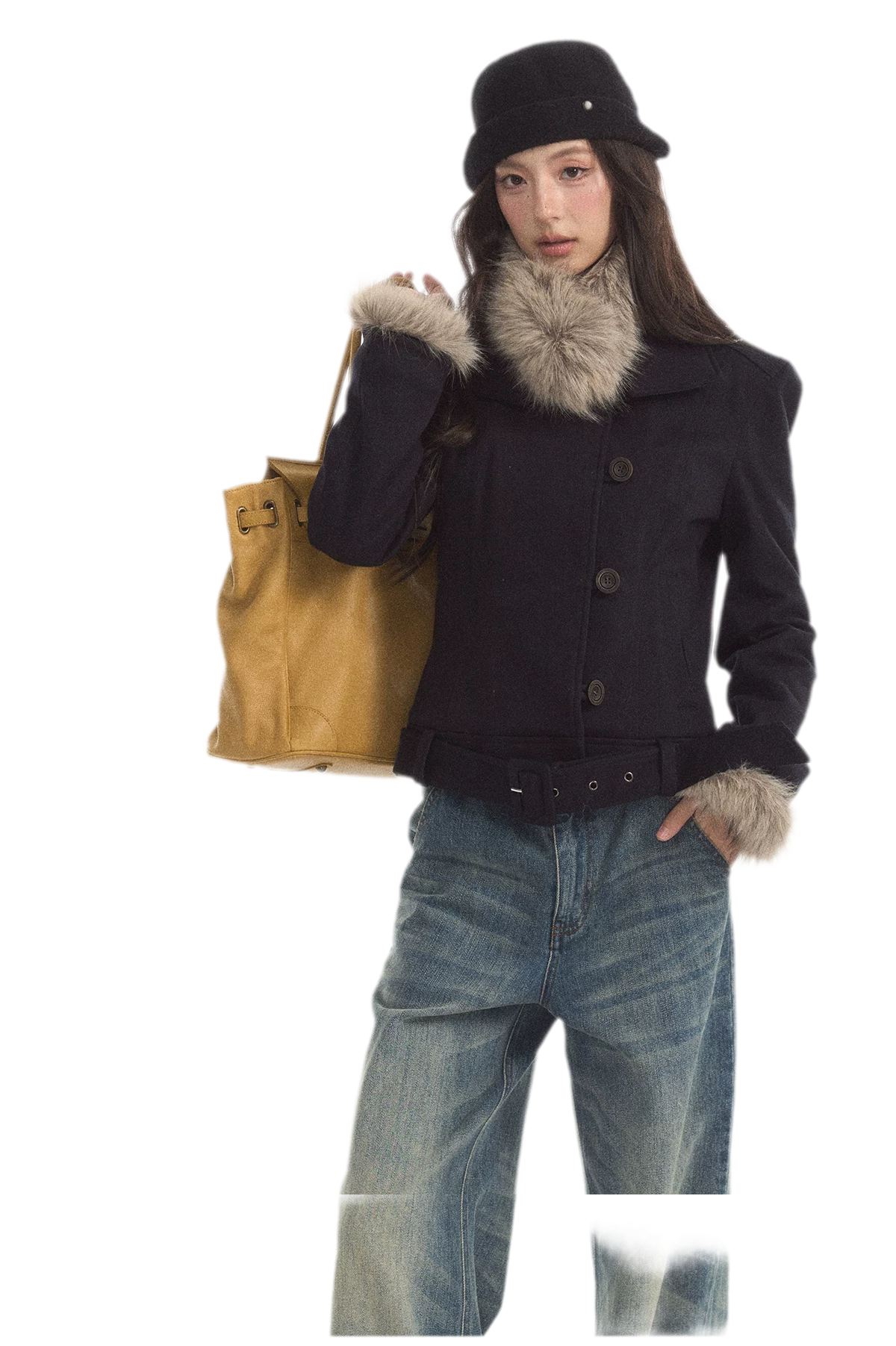Detachable Fur Collar Twill Coat